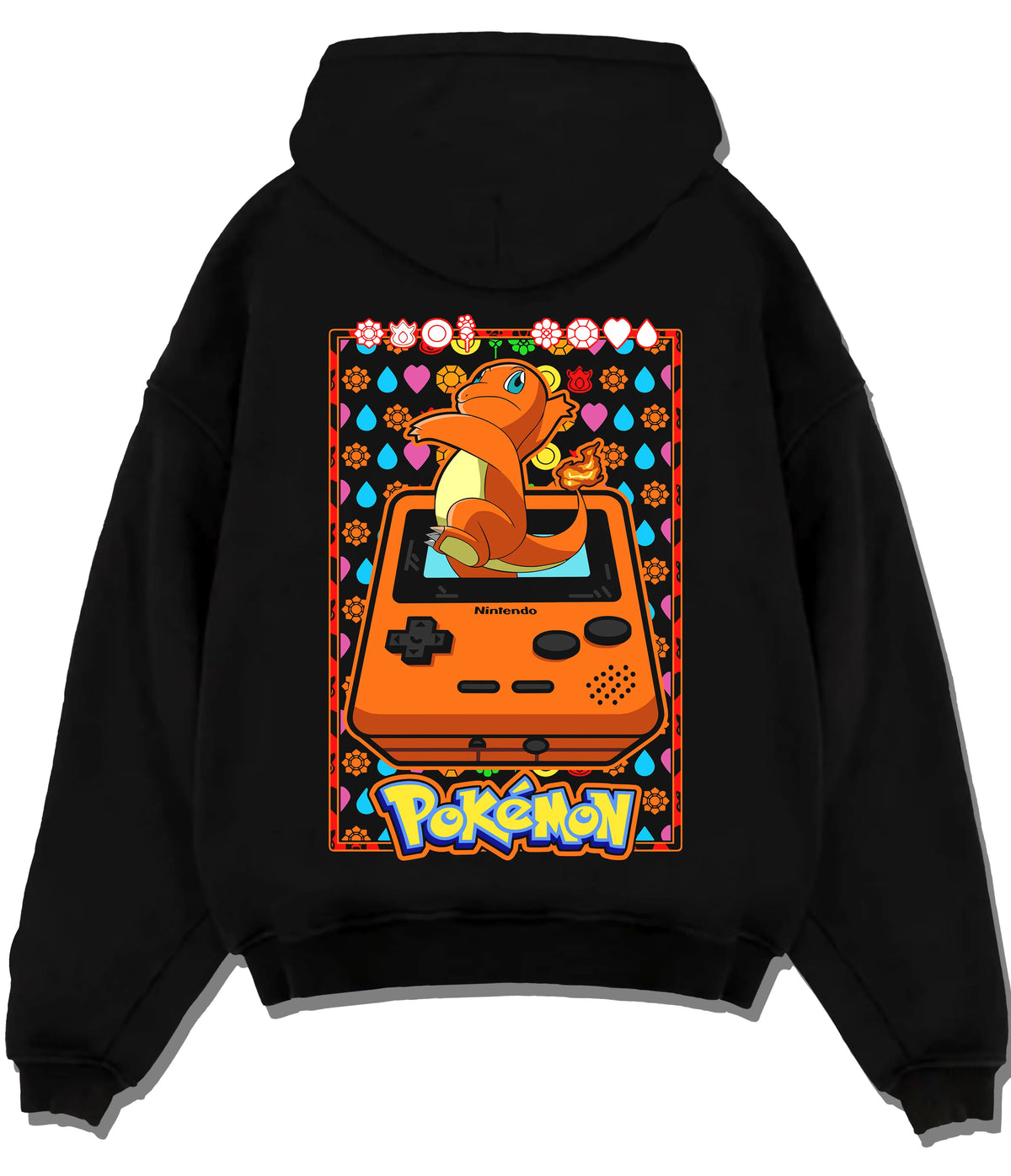 Black hoodie flat back view showing Charizard from Pokémon: retro Game Boy illustration