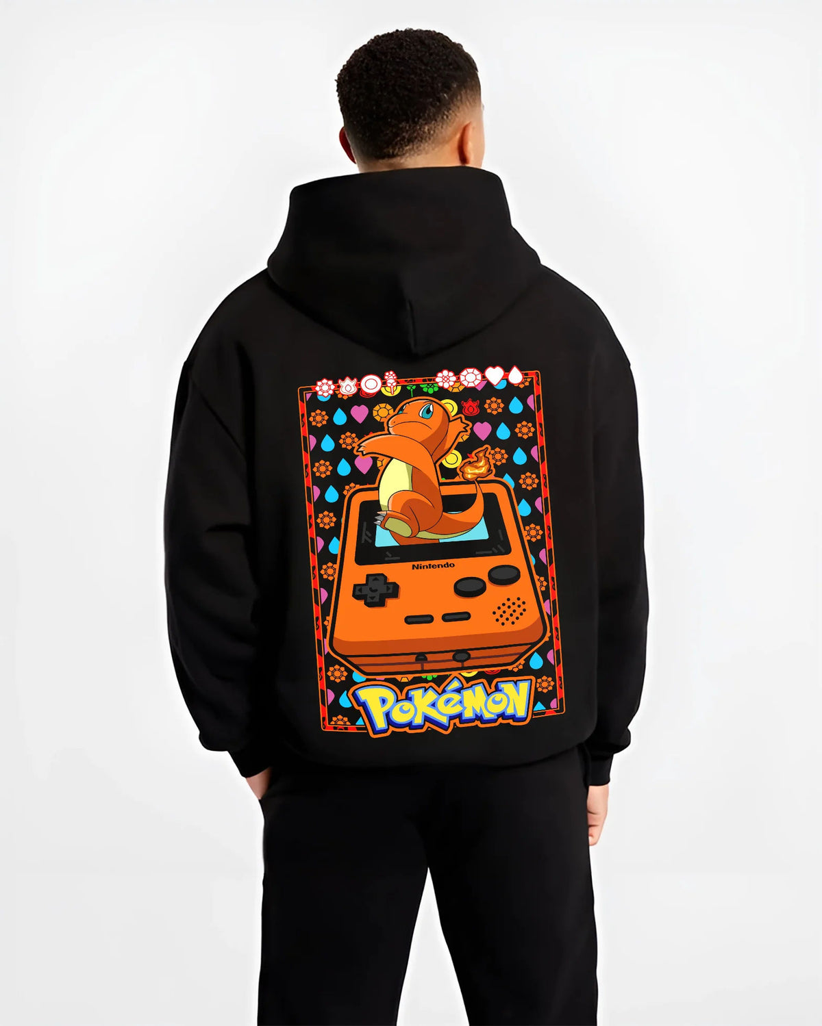 Black hoodie model back view showing Charizard from Pokémon: retro Game Boy illustration