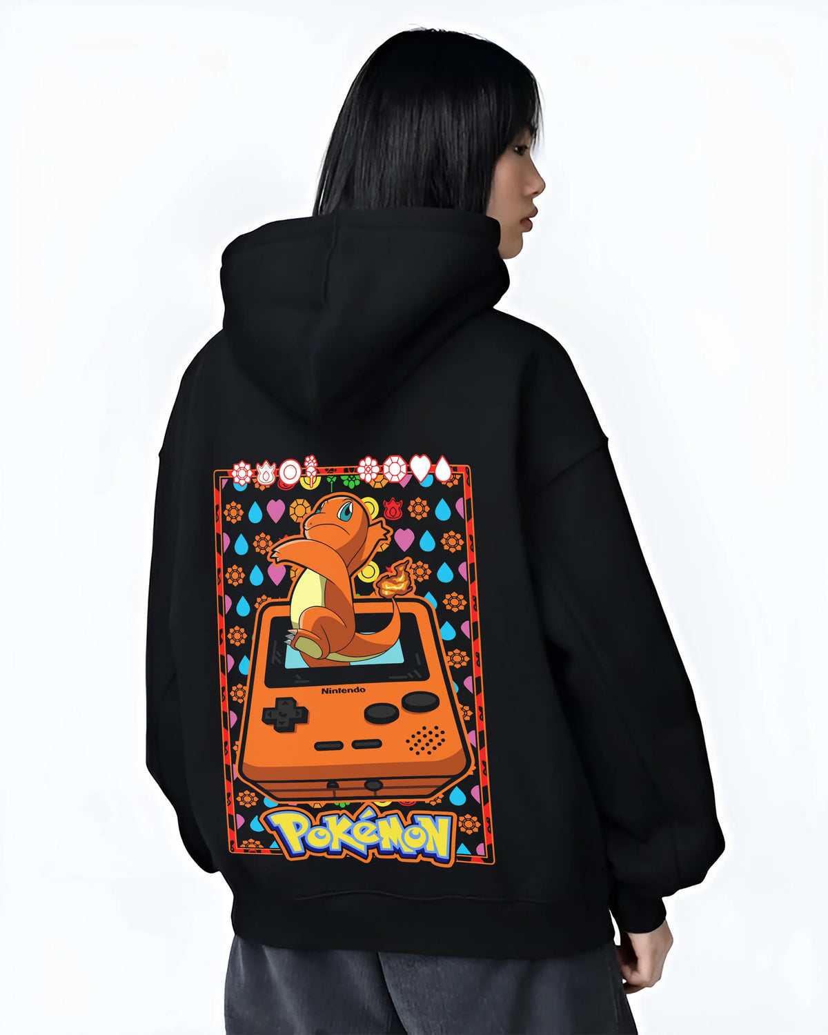 Black hoodie female model back view showing Charizard from Pokémon: retro Game Boy illustration