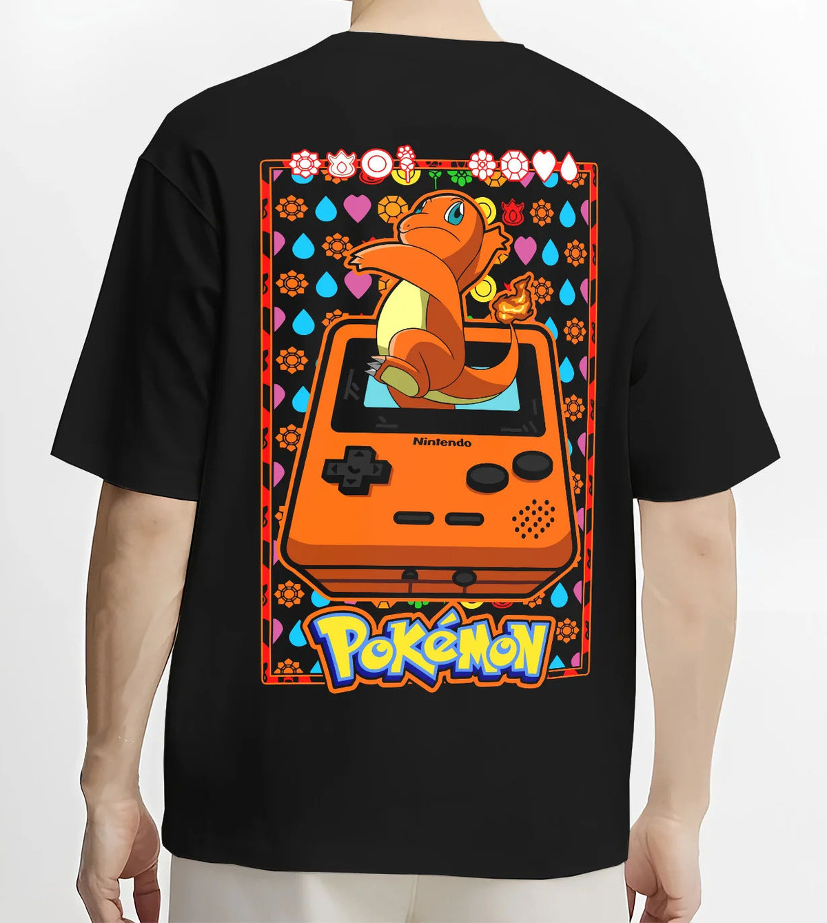 Black T-shirt model back view showing Charizard from Pokémon: retro Game Boy illustration