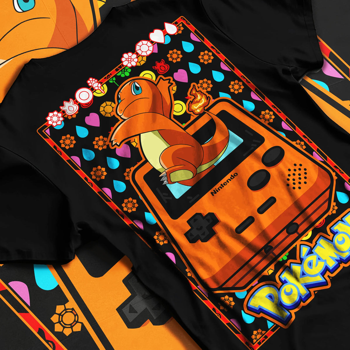 Black T-shirt flat back view showing Charizard from Pokémon: retro Game Boy illustration