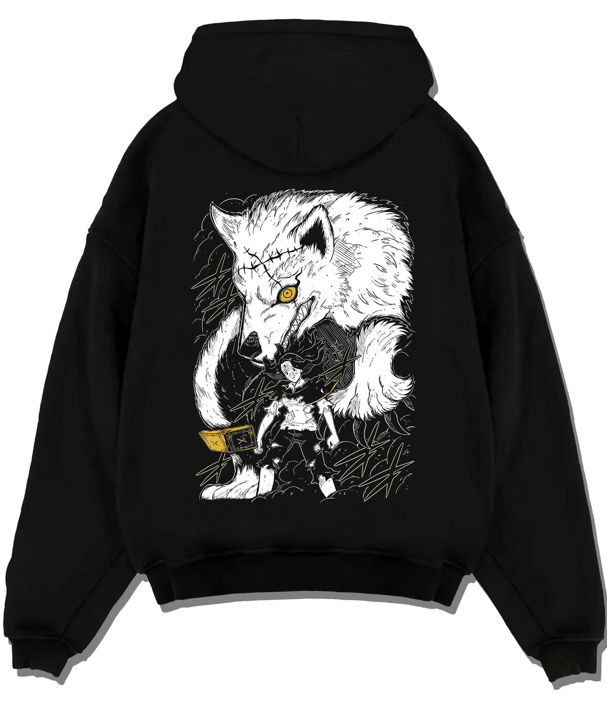Black hoodie flat back view with Charmy Pappitson and wolf magic / food spirit from Black Clover illustrated back graphic