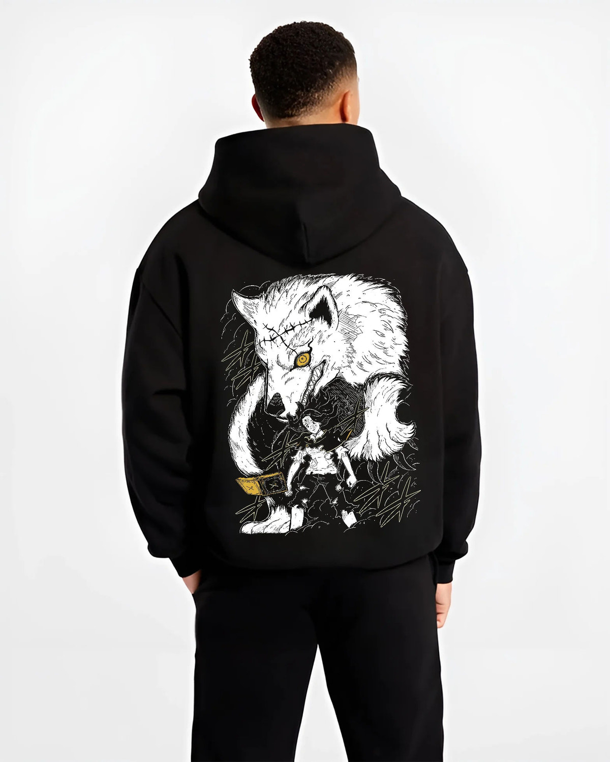 Black hoodie model back view with Charmy Pappitson and wolf magic / food spirit from Black Clover illustrated back graphic