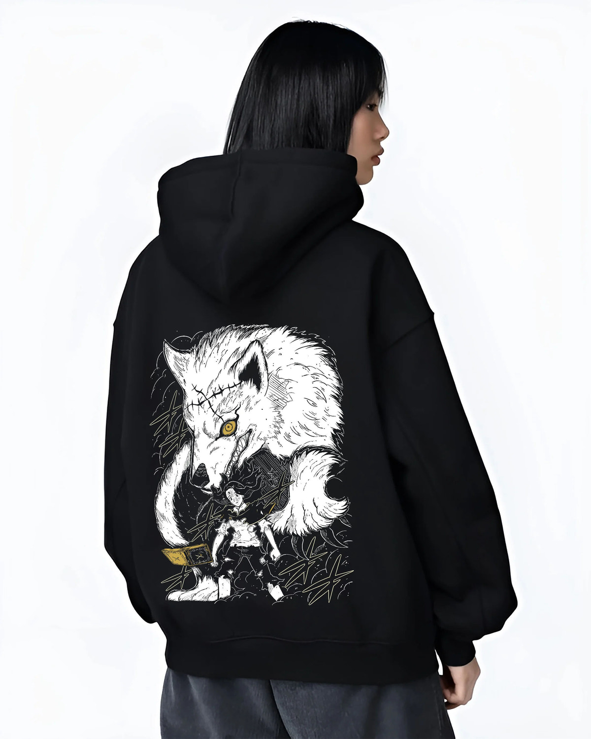 Black hoodie female model back view with Charmy Pappitson and wolf magic / food spirit from Black Clover illustrated back