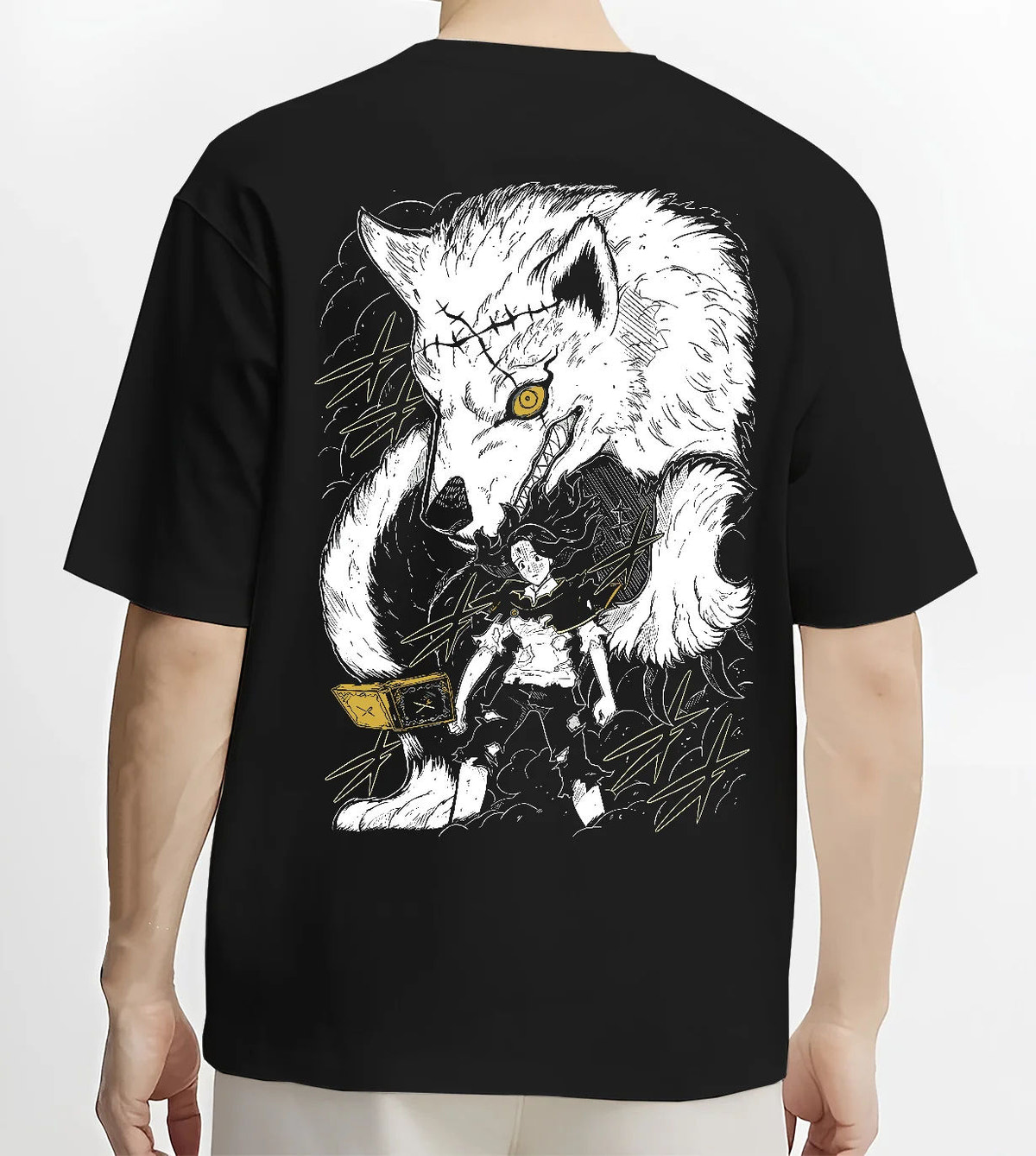 Black T-shirt model back view with Charmy Pappitson and wolf magic / food spirit from Black Clover illustrated back graphic