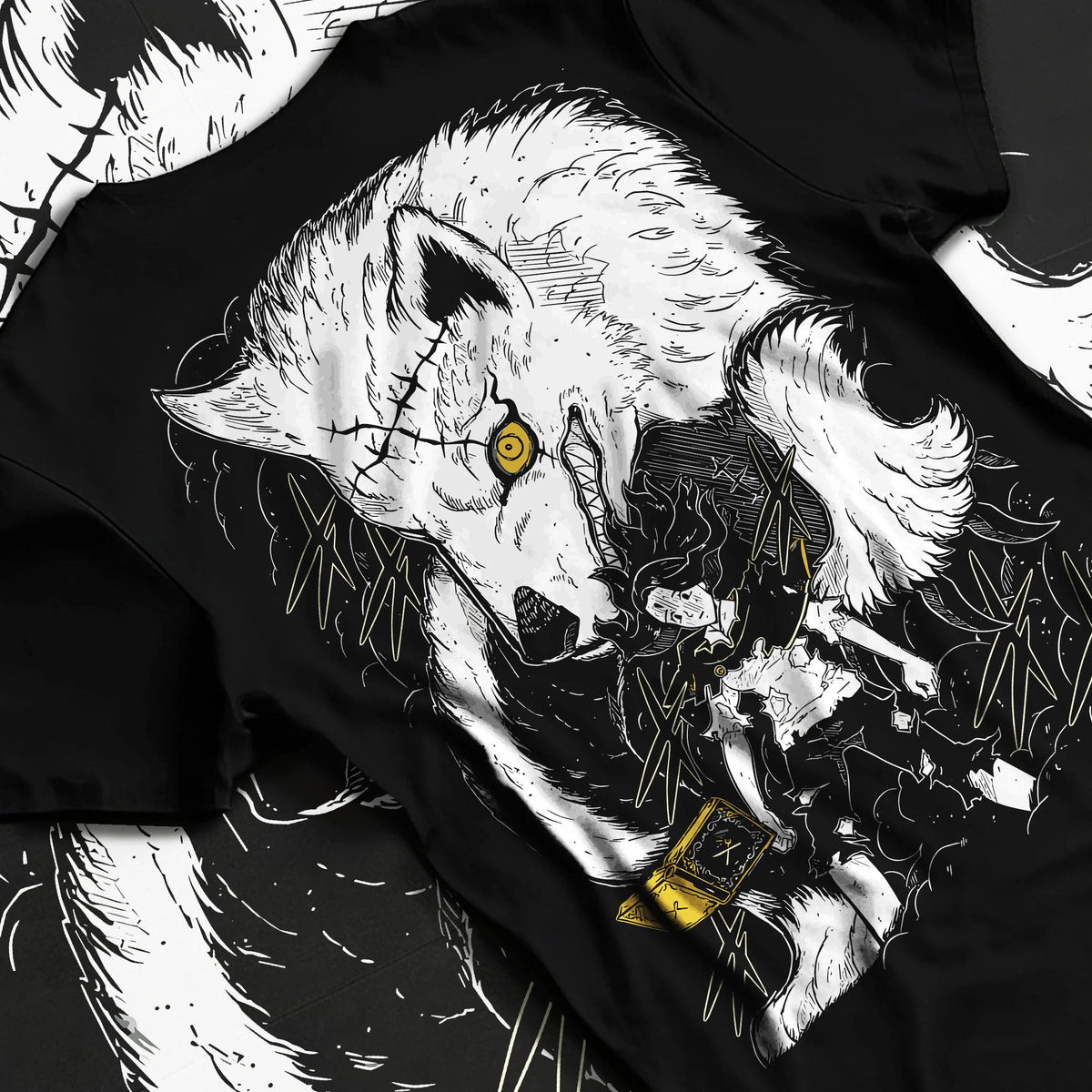 Black T-shirt flat back view with Charmy Pappitson and wolf magic / food spirit from Black Clover illustrated back graphic