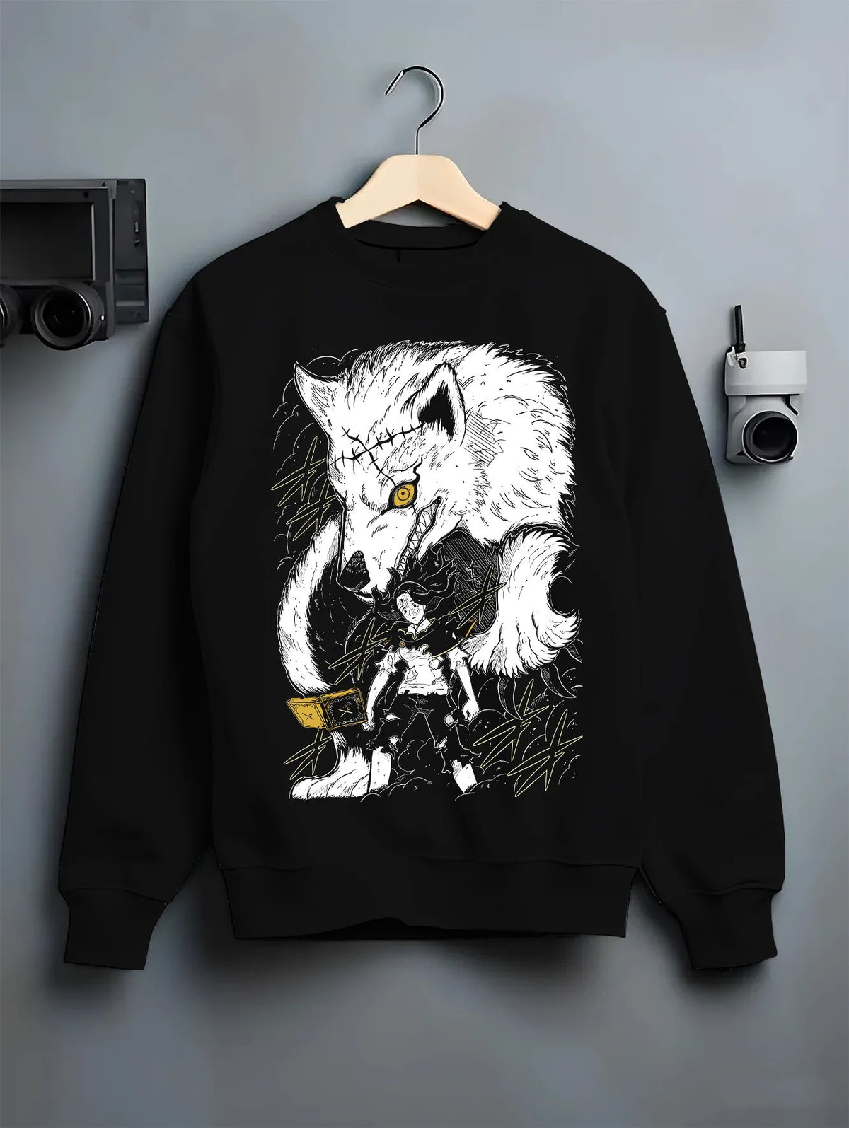 Black crewneck sweatshirt on hanger with Charmy Pappitson and wolf magic / food spirit from Black Clover illustrated back