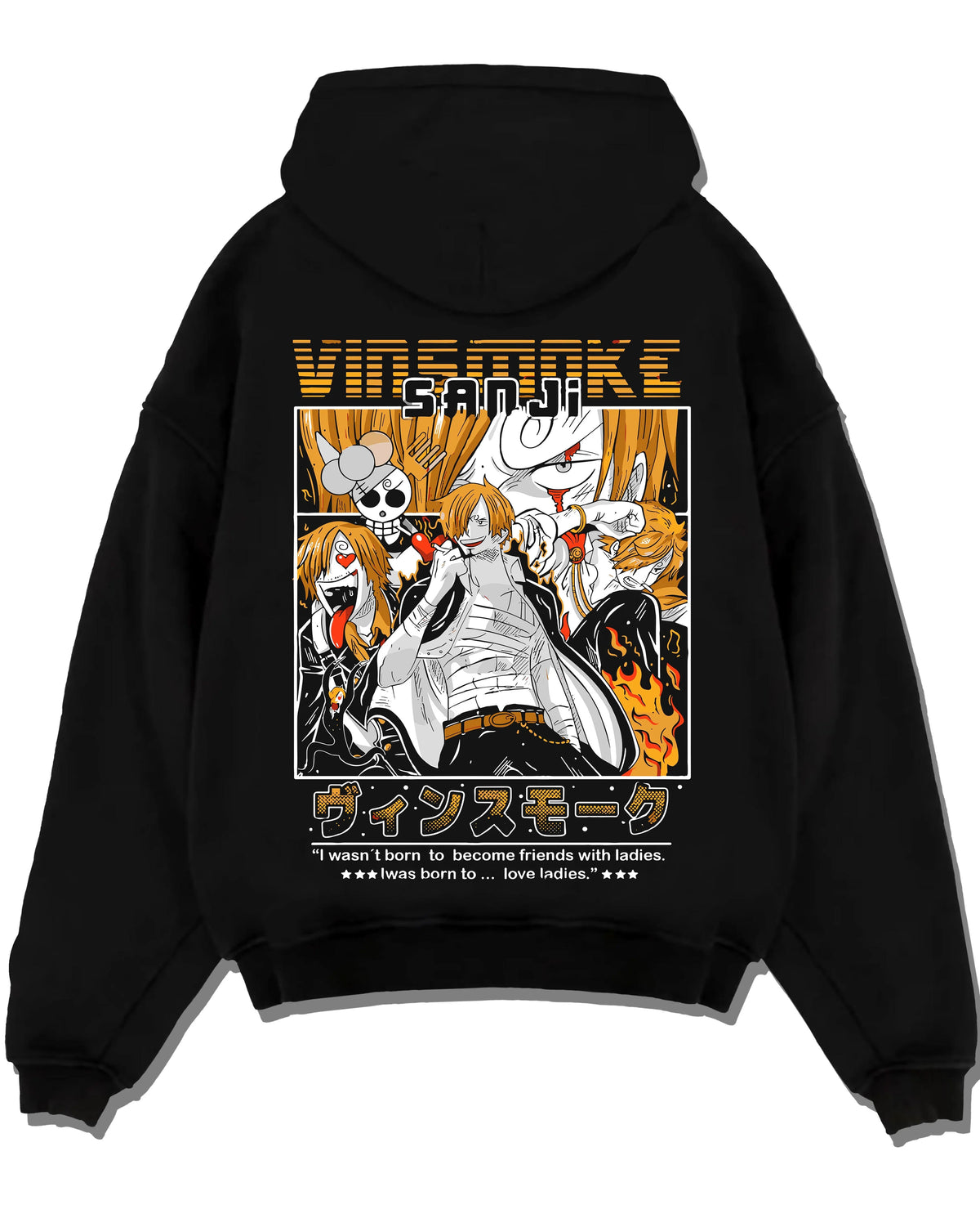 Black hoodie laid flat featuring Sanji Chef One Piece Straw Hat artwork with bold anime graphic print.