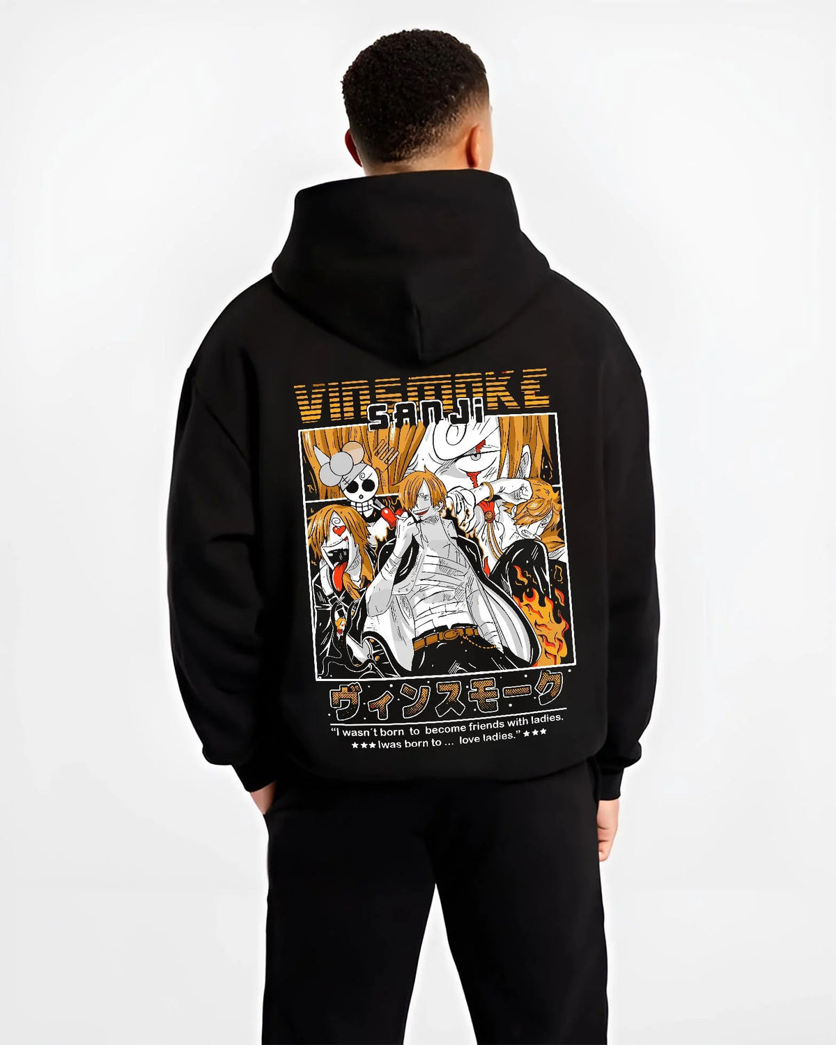 Black hoodie worn by male model from the back featuring Sanji Chef One Piece Straw Hat artwork.