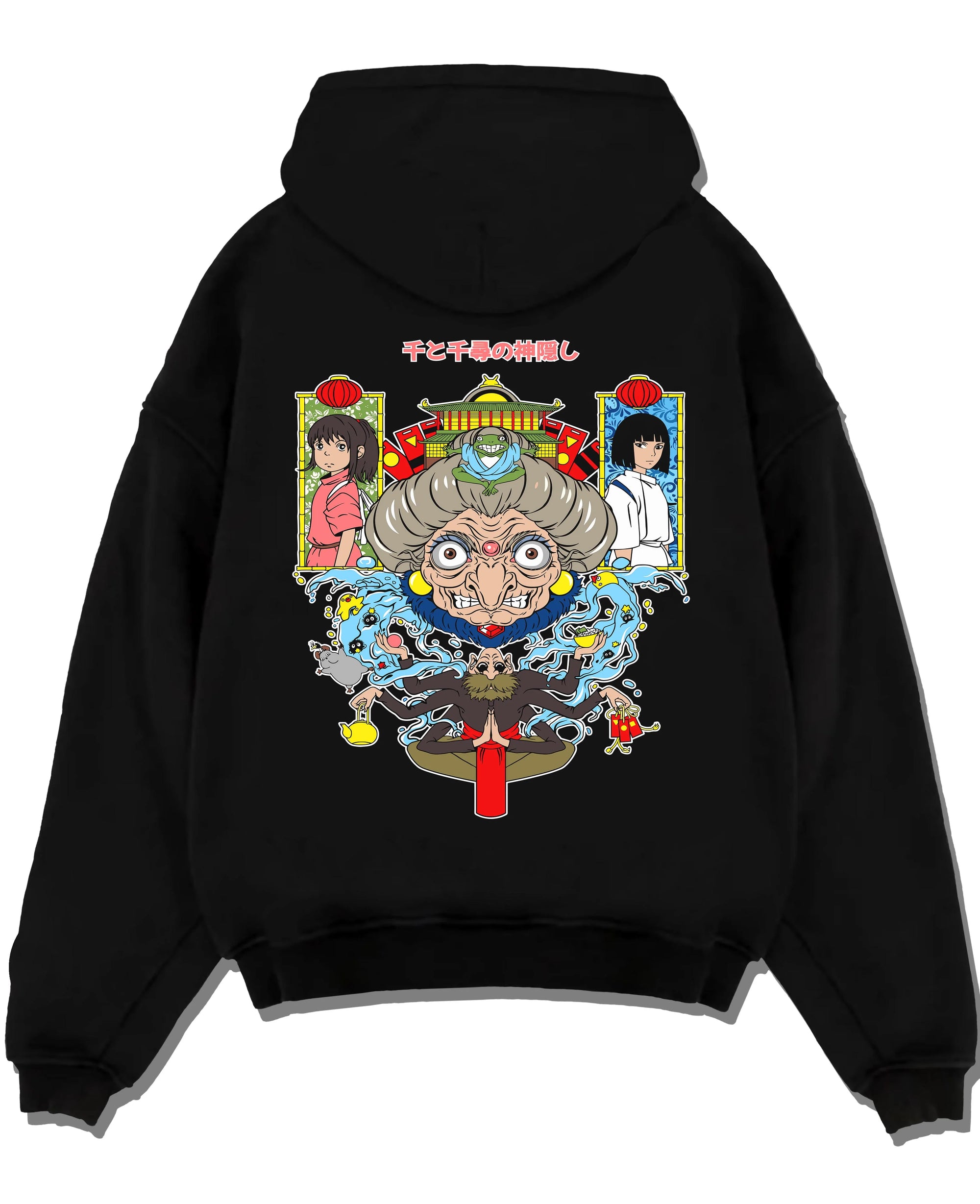 Black pullover hoodie laid flat with Spirited Away Hoodie Yubaba Studio Ghibli Retro Scene graphic premium wear.