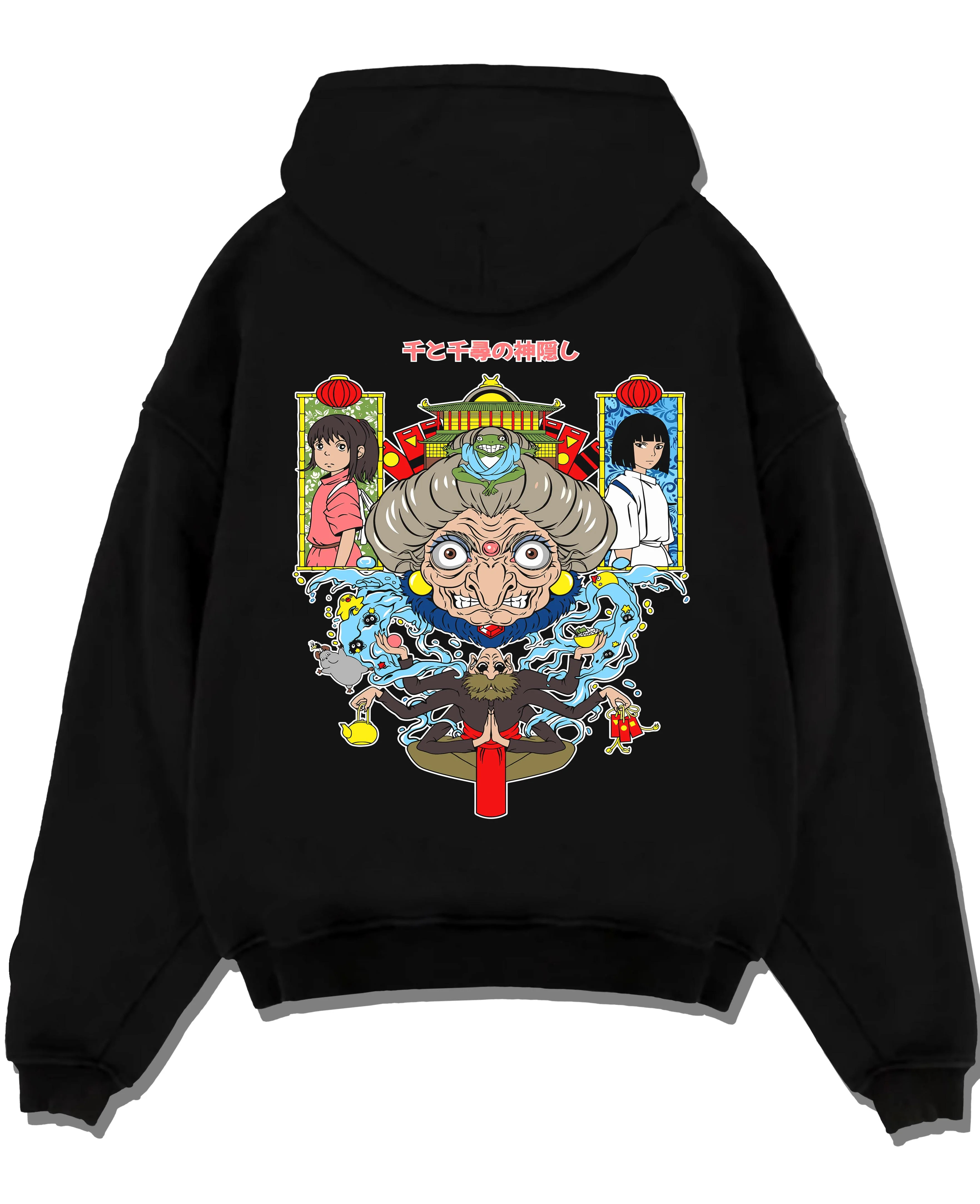 Black pullover hoodie laid flat with Spirited Away Hoodie Yubaba Studio Ghibli Retro Scene graphic premium wear.