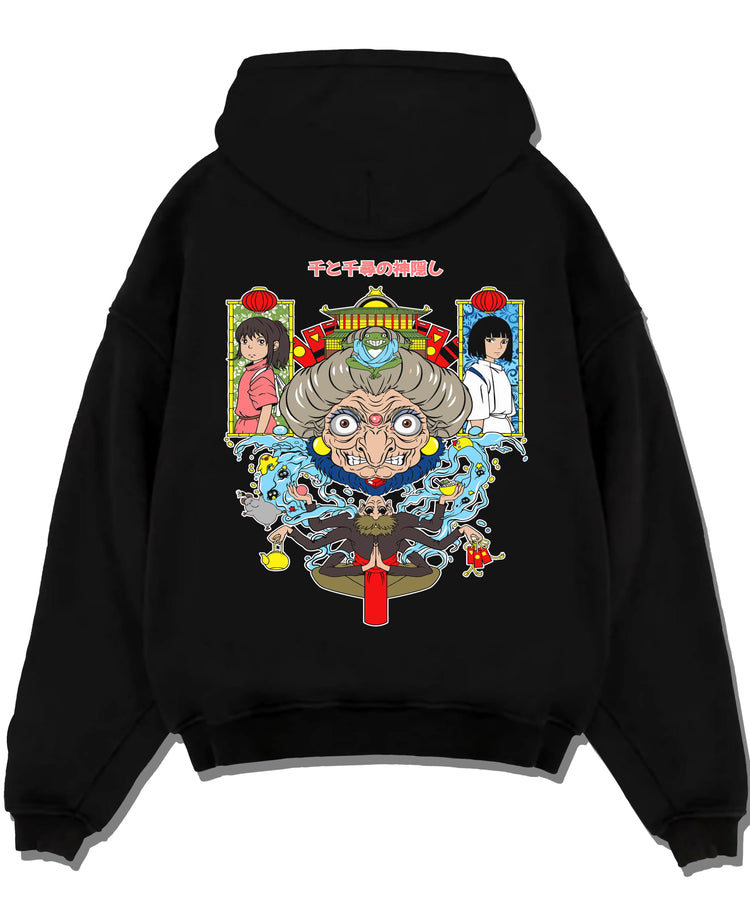 Black pullover hoodie laid flat with Spirited Away Hoodie Yubaba Studio Ghibli Retro Scene graphic premium wear.