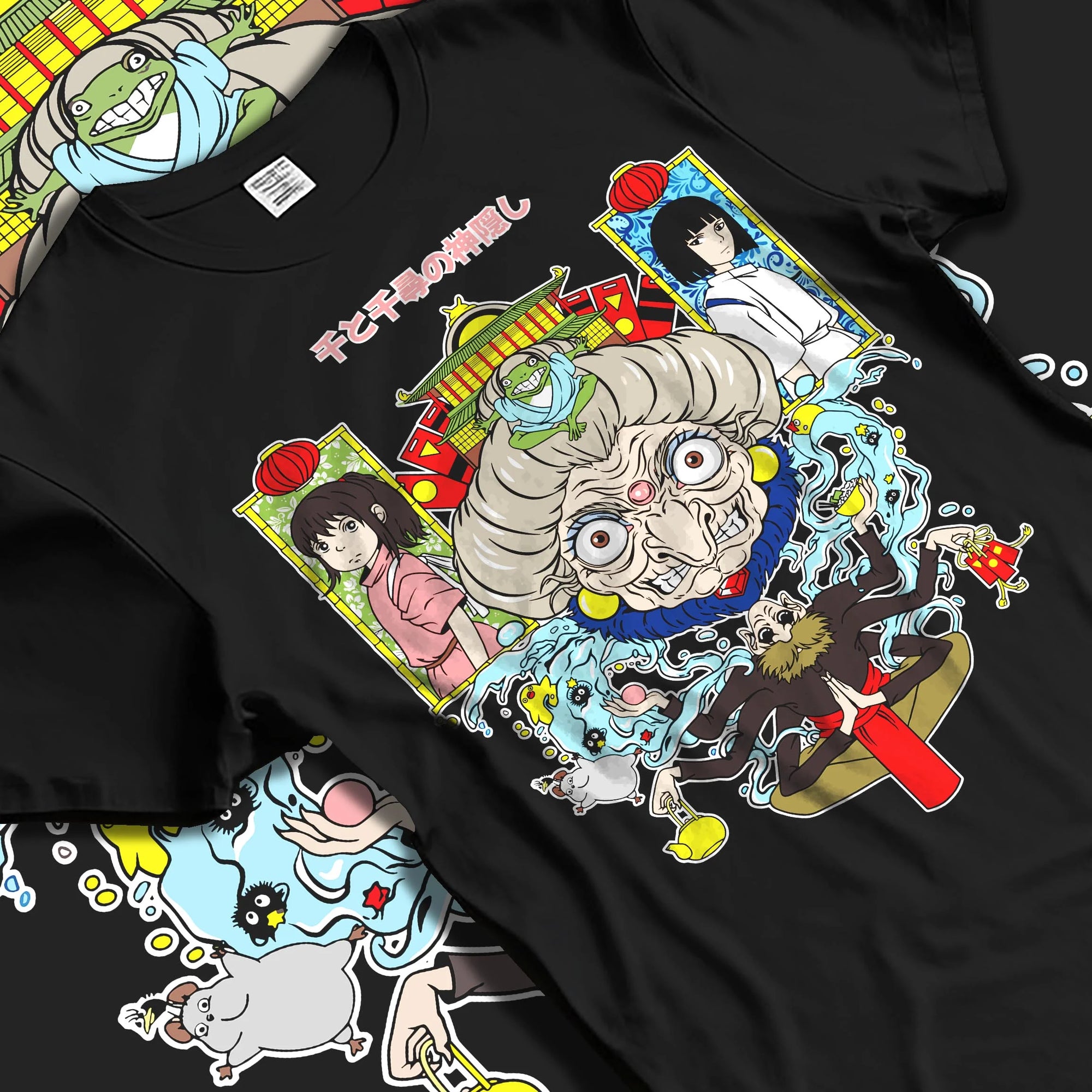 Black T-shirt laid flat with natural folds with Spirited Away Hoodie Yubaba Studio Ghibli Retro Scene graphic bold anime graphic.