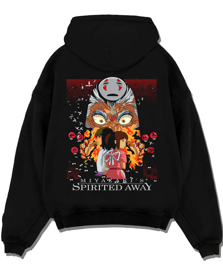 Black pullover hoodie laid flat with Spirited Away Hoodie No Face Studio Ghibli Poster graphic bold anime graphic.
