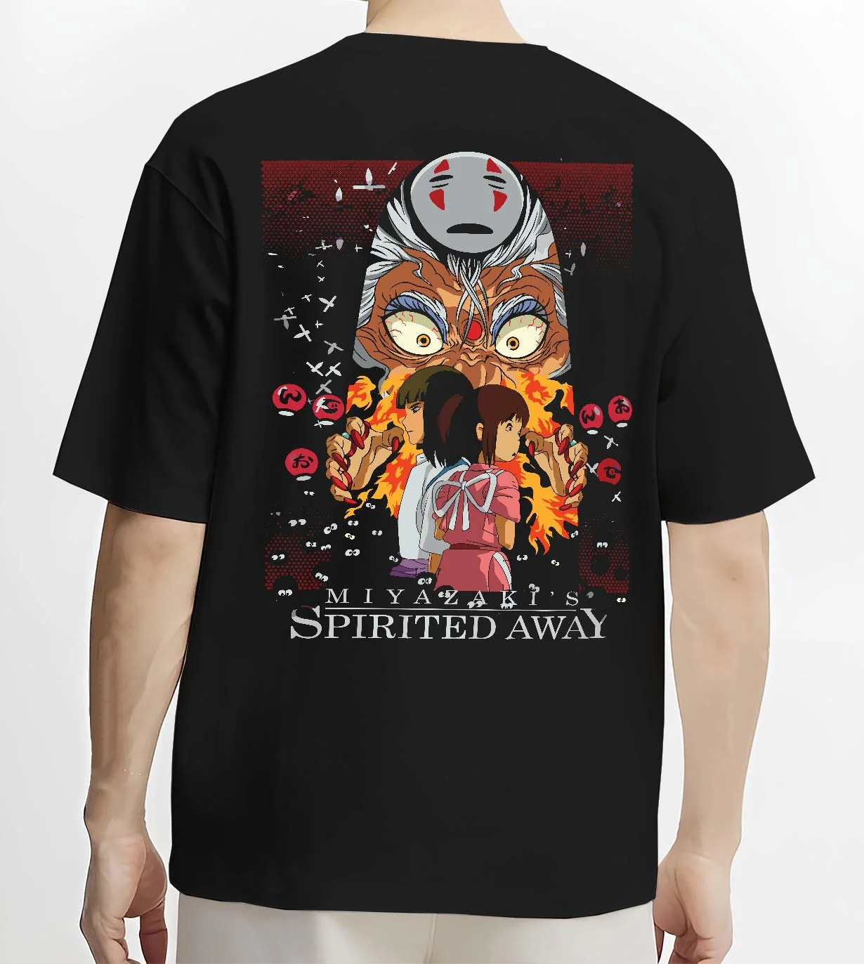 Black T-shirt worn by male model, back view with Spirited Away Hoodie No Face Studio Ghibli Poster graphic streetwear graphic.