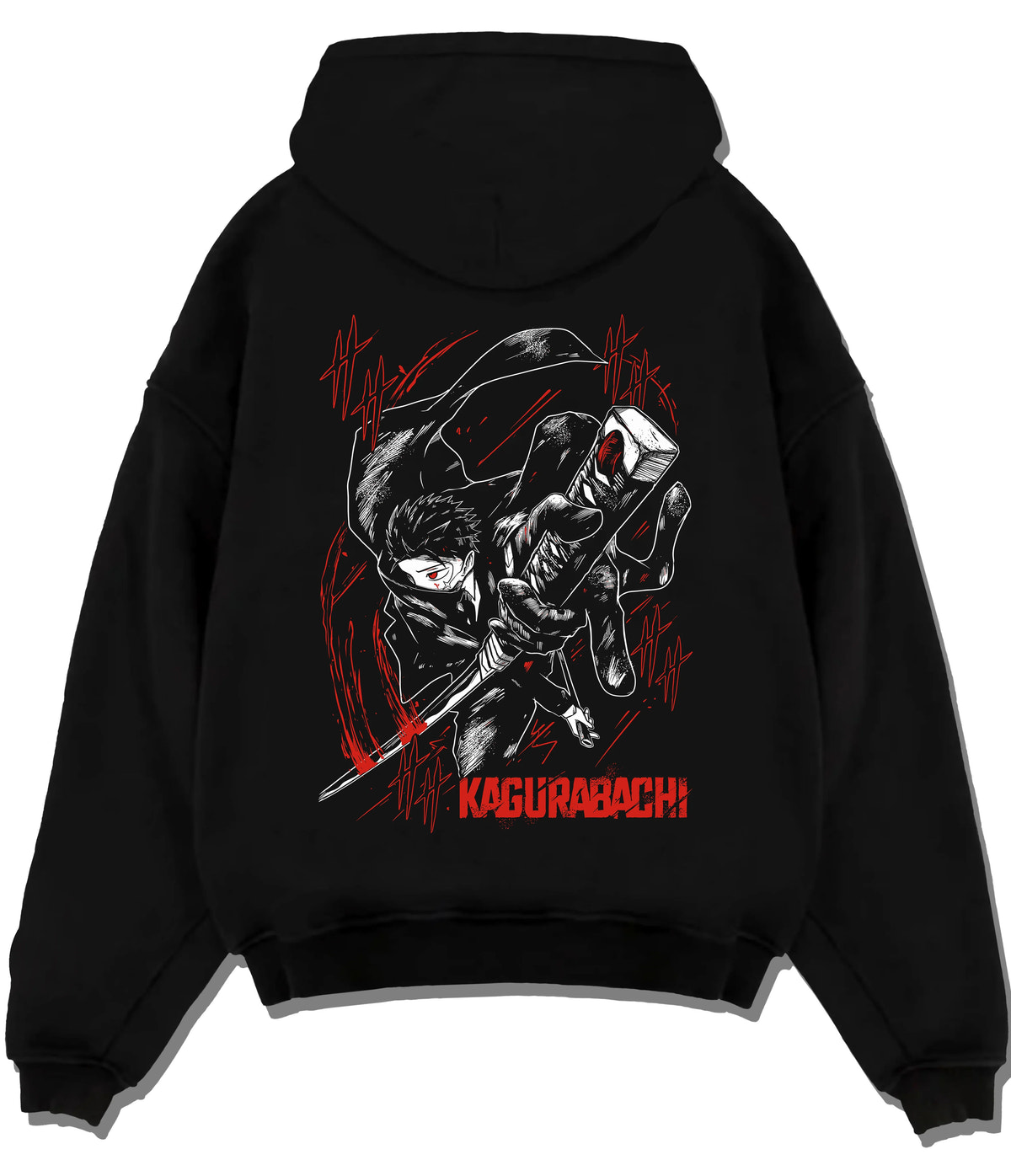 Black hoodie flat back view showing Chihiro Rokuhira from Kagurabachi: katana, Kagurabachi poster
