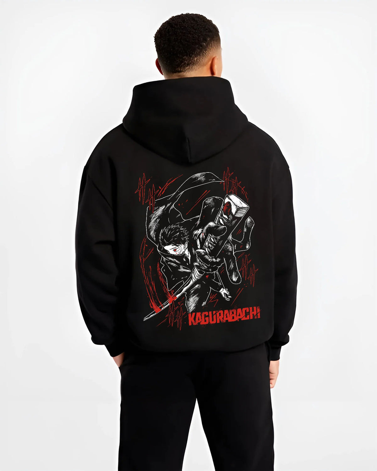 Black hoodie model back view showing Chihiro Rokuhira from Kagurabachi: katana, Kagurabachi poster