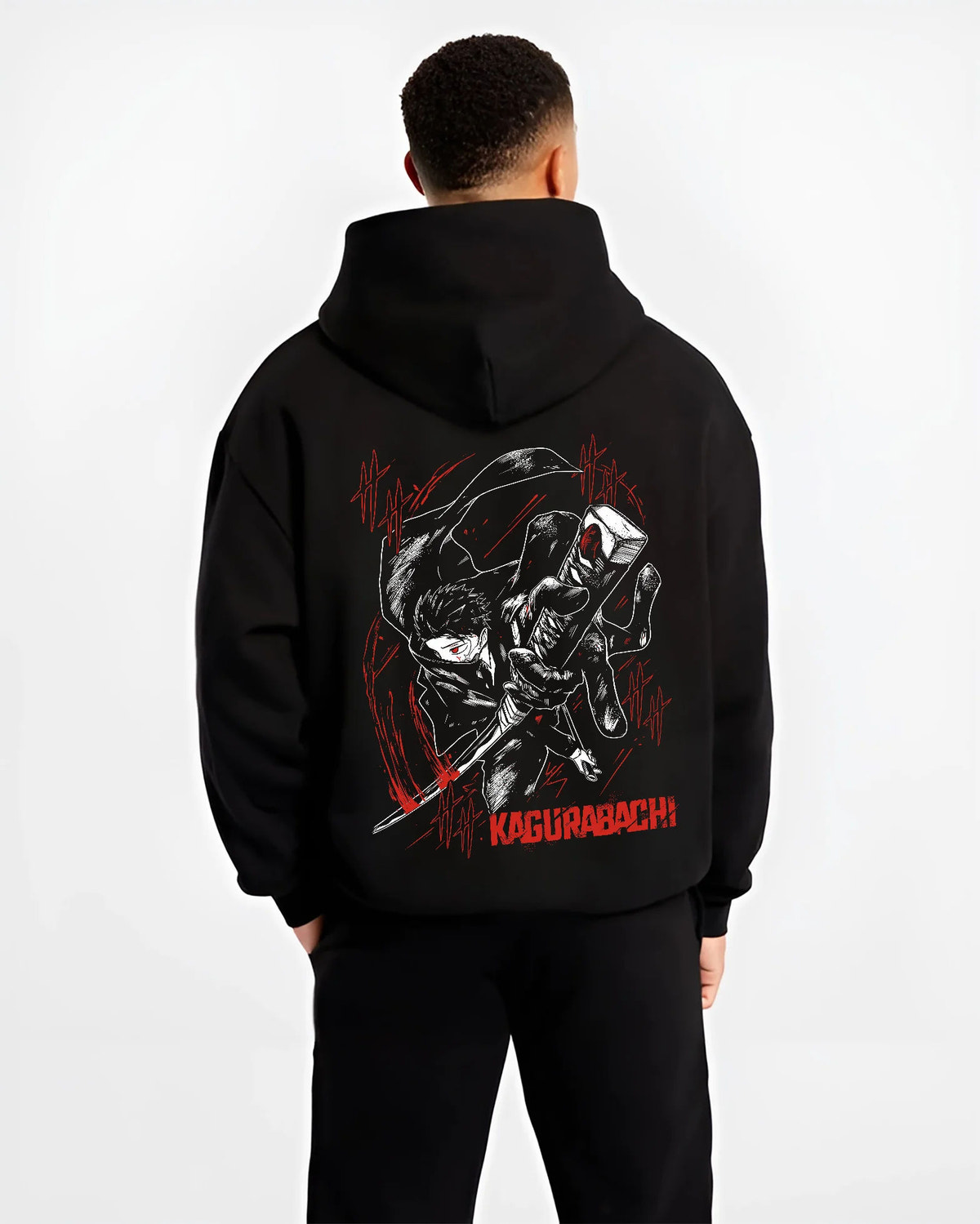 Black hoodie model back view showing Chihiro Rokuhira from Kagurabachi: katana, Kagurabachi poster