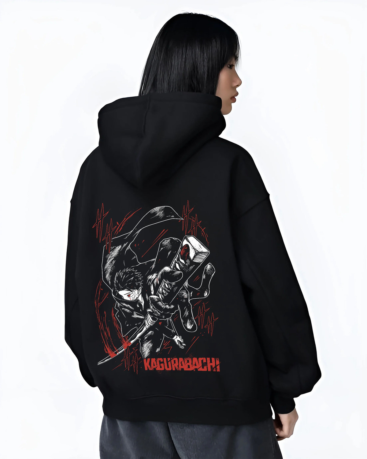 Black hoodie female model back view showing Chihiro Rokuhira from Kagurabachi: katana, Kagurabachi poster