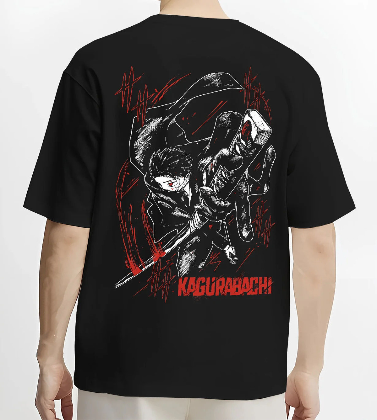 Black T-shirt model back view showing Chihiro Rokuhira from Kagurabachi: katana, Kagurabachi poster