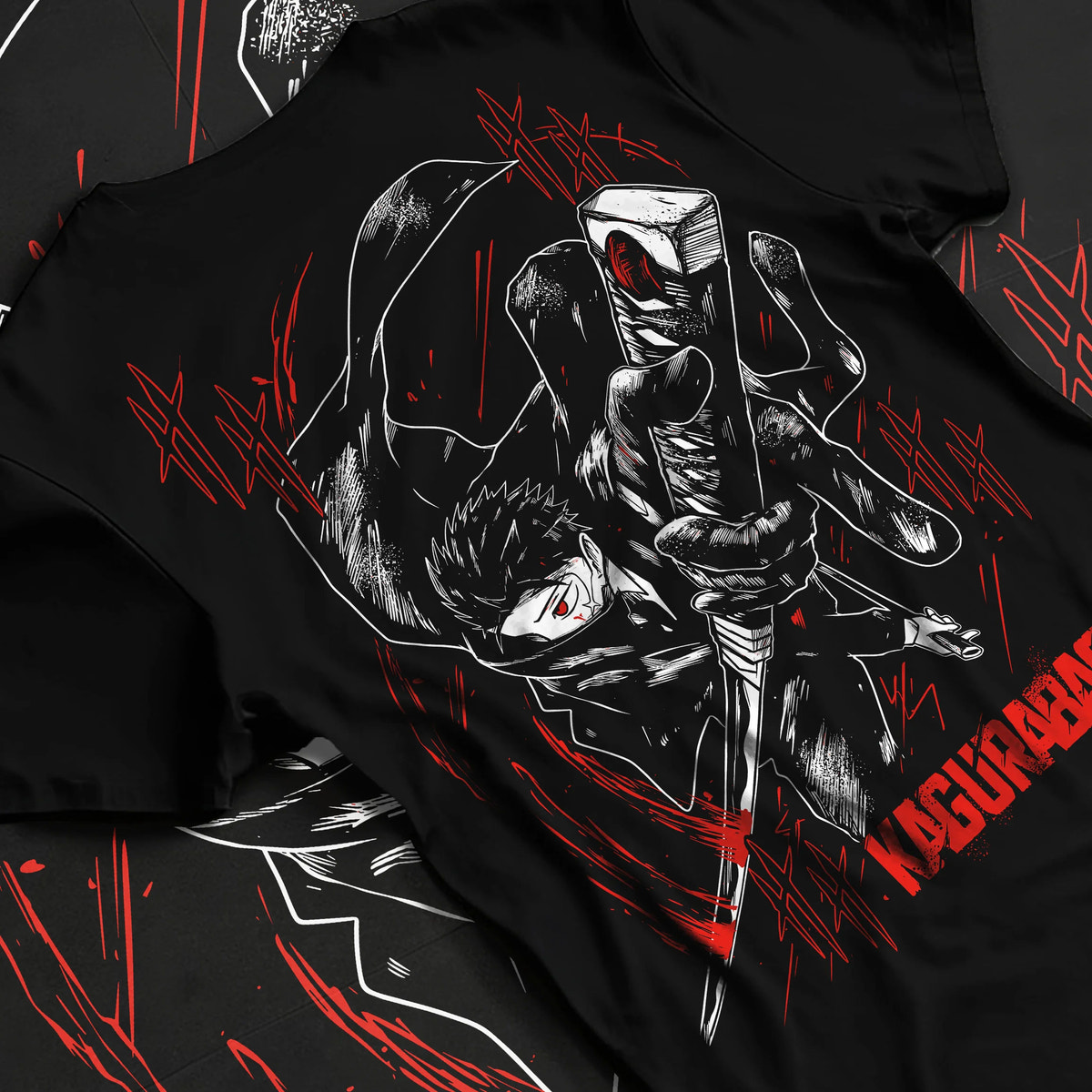 Black T-shirt flat back view showing Chihiro Rokuhira from Kagurabachi: katana, Kagurabachi poster