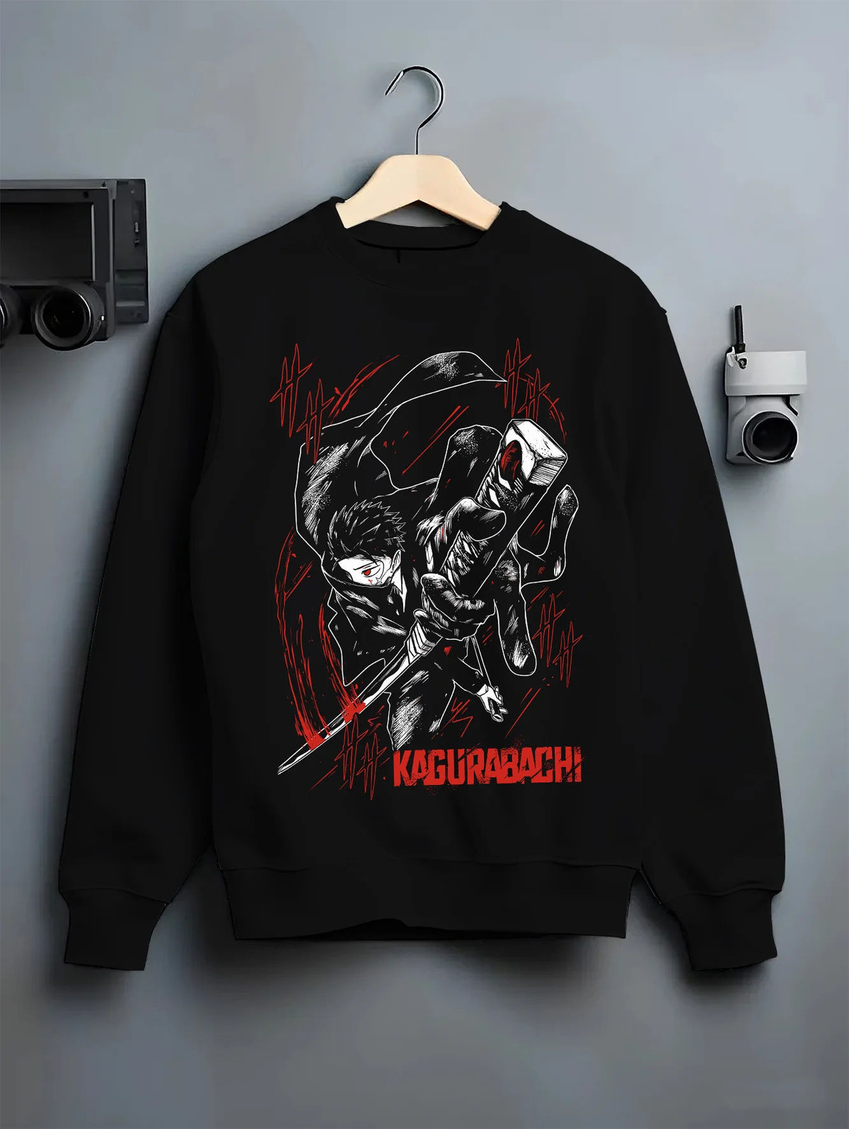 Black crewneck sweatshirt on hanger showing Chihiro Rokuhira from Kagurabachi: katana, Kagurabachi poster