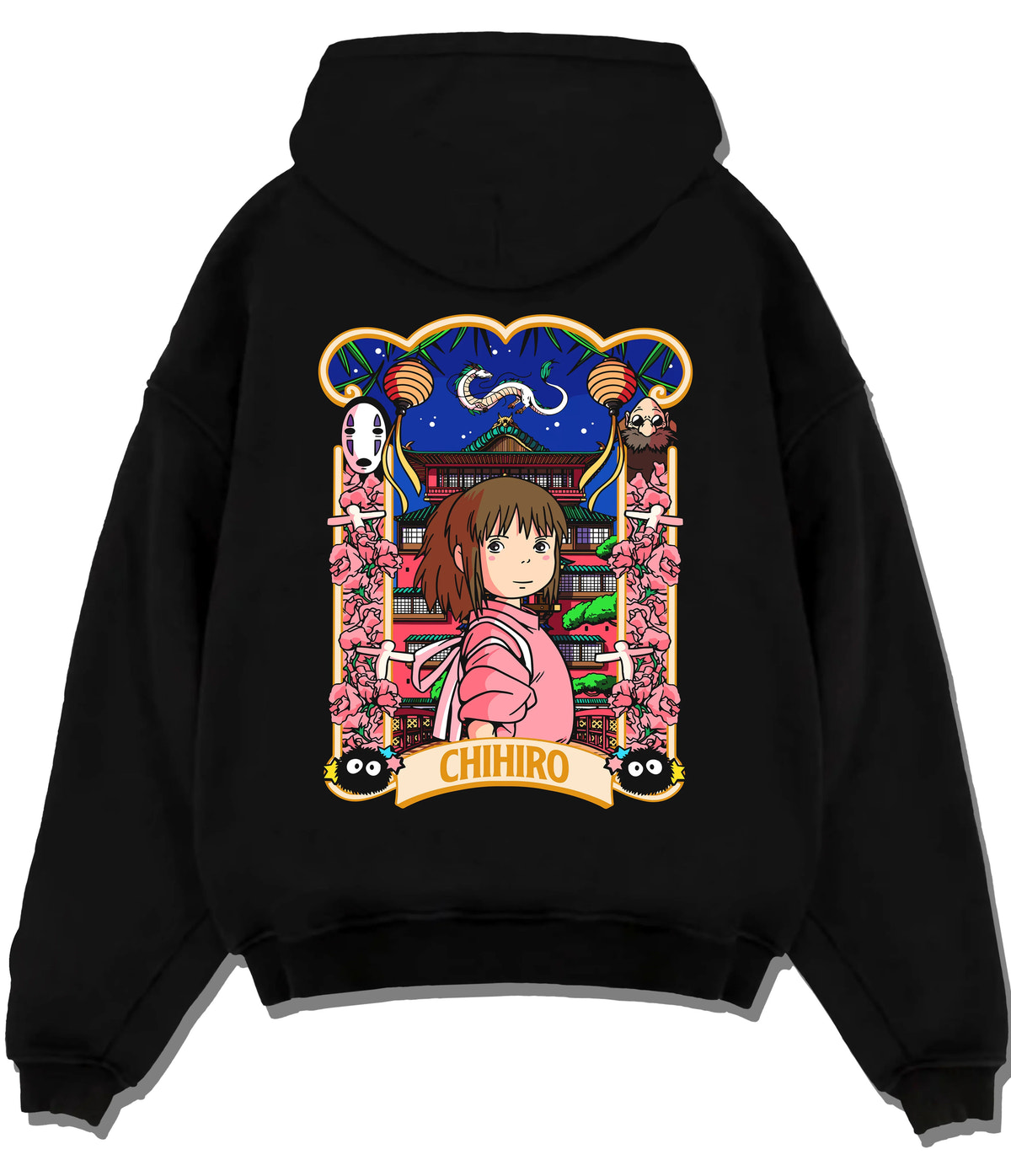 Black hoodie flat back view showing Chihiro Ogino and No-Face from Spirited Away: Japanese poster