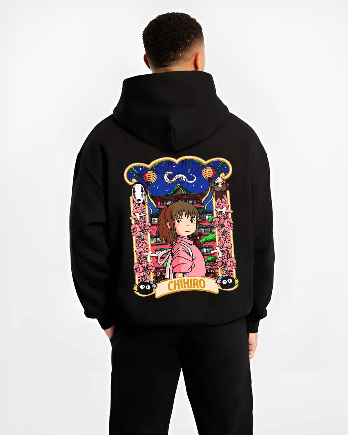 Black hoodie model back view showing Chihiro Ogino and No-Face from Spirited Away: Japanese poster