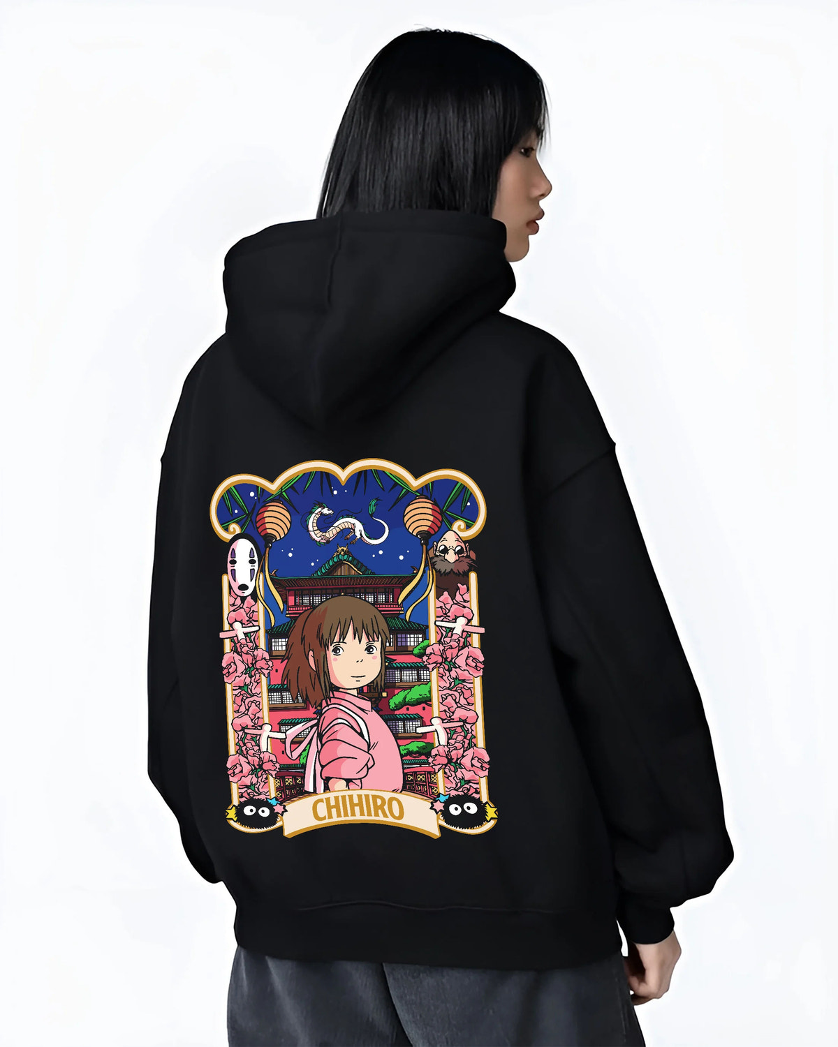 Black hoodie female model back view showing Chihiro Ogino and No-Face from Spirited Away: Japanese poster
