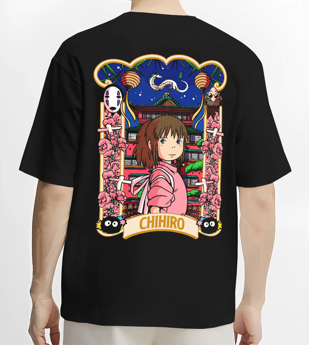 Black T-shirt model back view showing Chihiro Ogino and No-Face from Spirited Away: Japanese poster