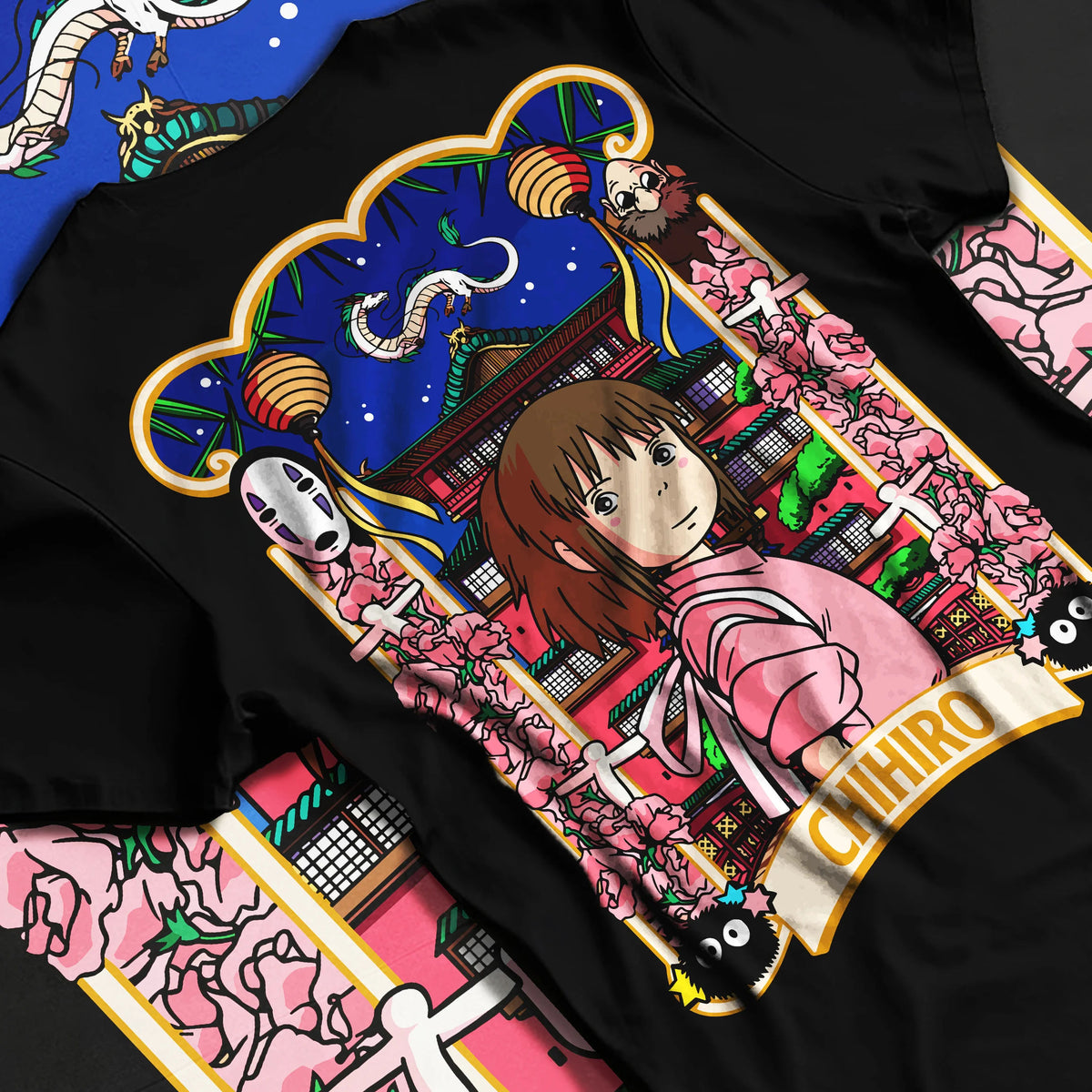 Black T-shirt flat back view showing Chihiro Ogino and No-Face from Spirited Away: Japanese poster