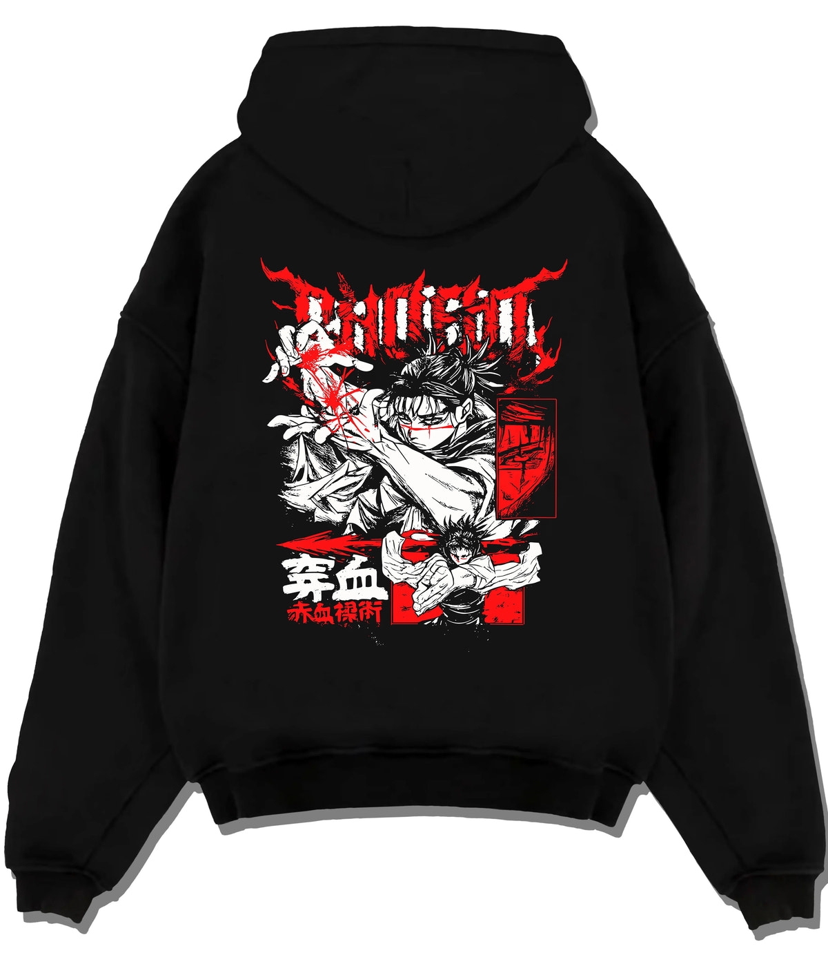 Black hoodie flat back view showing Chihiro Rokuhira from Kagurabachi: sword-wielding Kagurabachi fighter