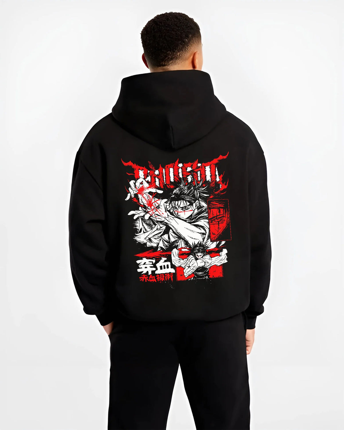 Black hoodie model back view showing Chihiro Rokuhira from Kagurabachi: sword-wielding Kagurabachi fighter