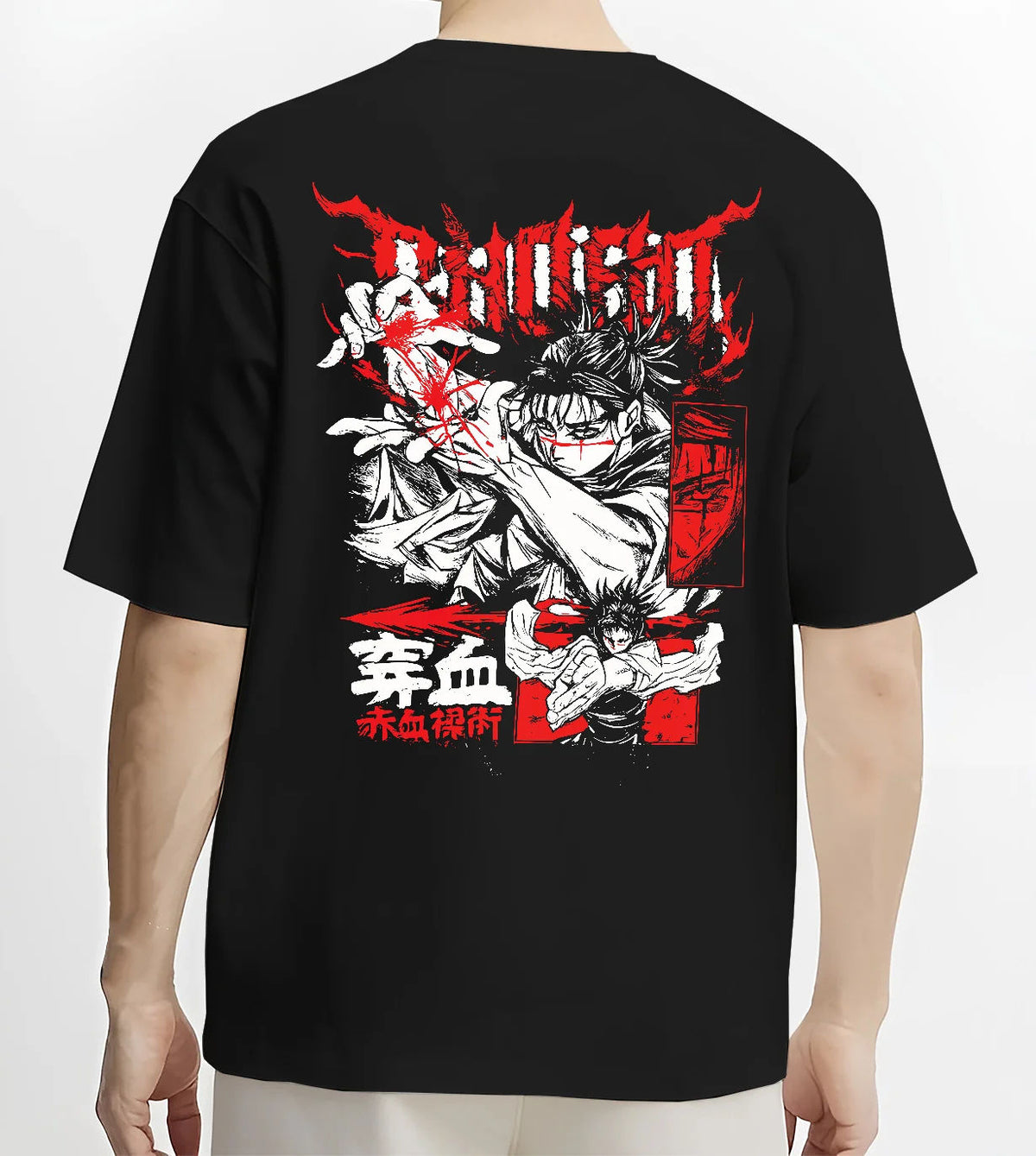 Black T-shirt model back view showing Chihiro Rokuhira from Kagurabachi: sword-wielding Kagurabachi fighter