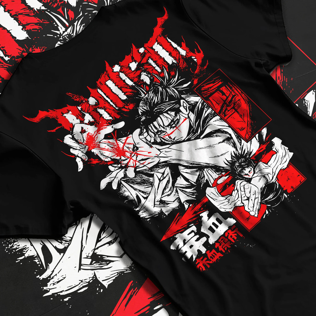 Black T-shirt flat back view showing Chihiro Rokuhira from Kagurabachi: sword-wielding Kagurabachi fighter