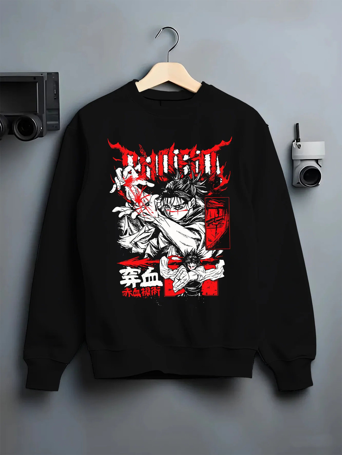 Black crewneck sweatshirt on hanger showing Chihiro Rokuhira from Kagurabachi: sword-wielding Kagurabachi fighter