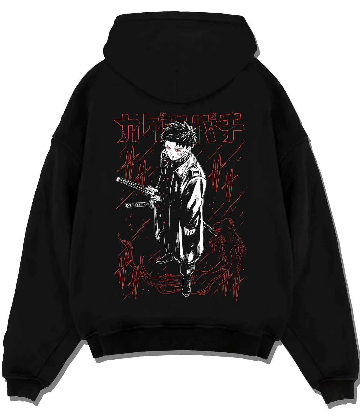 Black hoodie flat back view showing Chihiro Rokuhira from Kagurabachi: sword and dark manga art