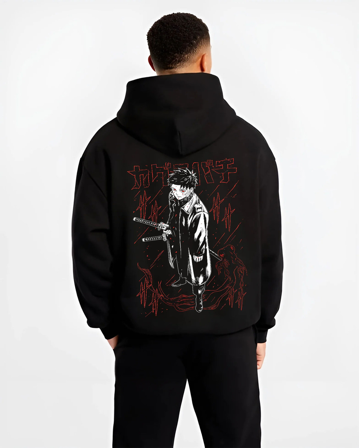 Black hoodie model back view showing Chihiro Rokuhira from Kagurabachi: sword and dark manga art