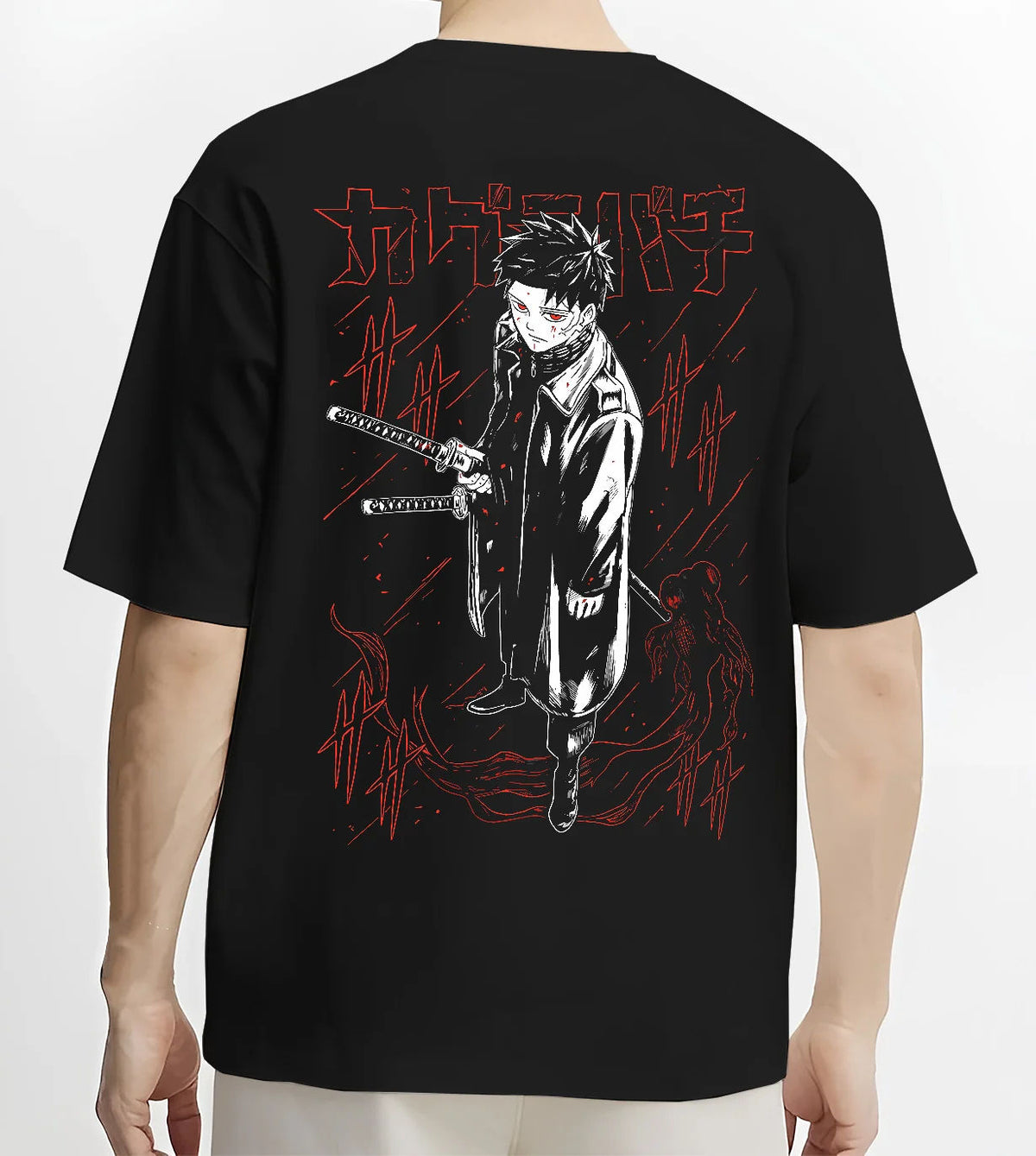 Black T-shirt model back view showing Chihiro Rokuhira from Kagurabachi: sword and dark manga art