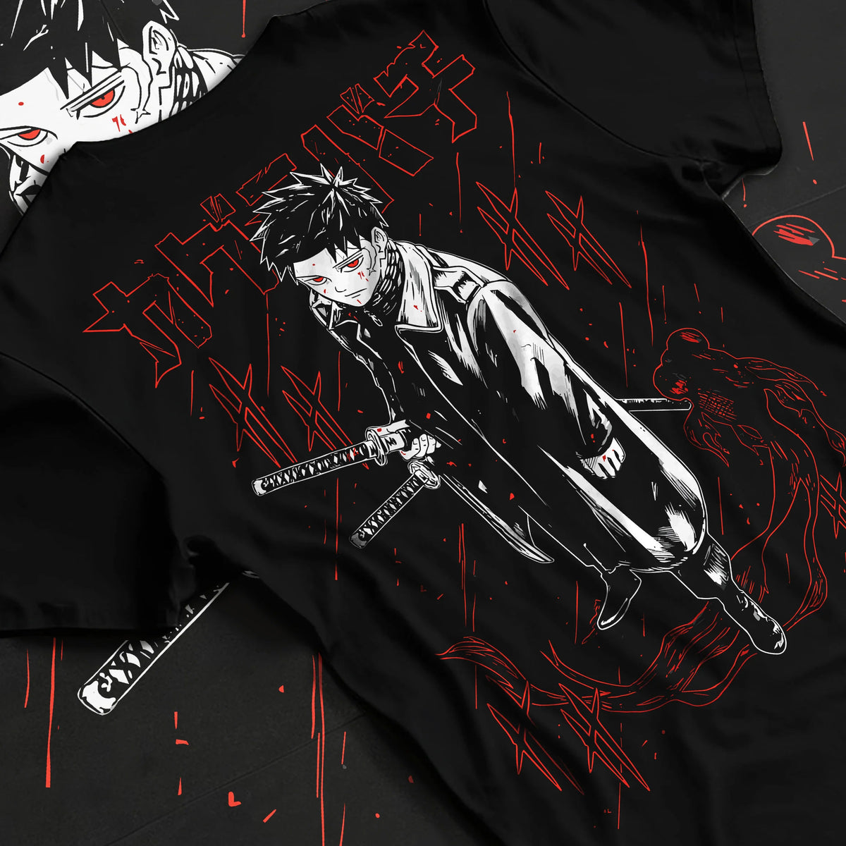 Black T-shirt flat back view showing Chihiro Rokuhira from Kagurabachi: sword and dark manga art