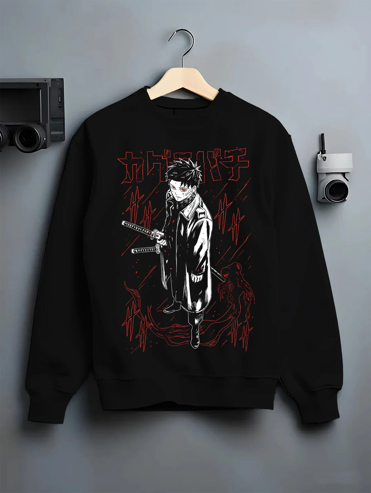 Black crewneck sweatshirt on hanger showing Chihiro Rokuhira from Kagurabachi: sword and dark manga art