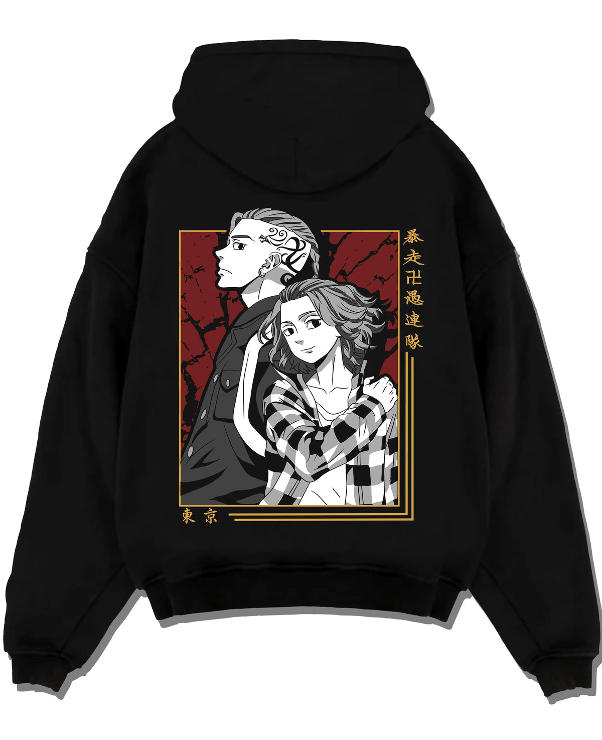 Black hoodie laid flat featuring Chifuyu Tokyo Revengers monochrome duo artwork with bold anime graphic print.