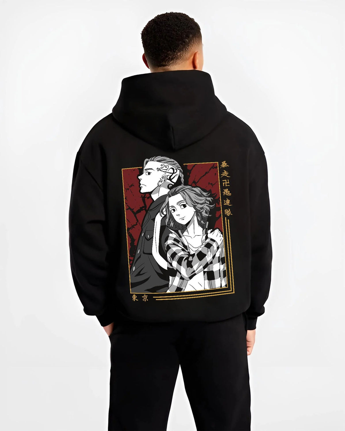 Black hoodie worn by male model from the back featuring Chifuyu Tokyo Revengers monochrome duo artwork.
