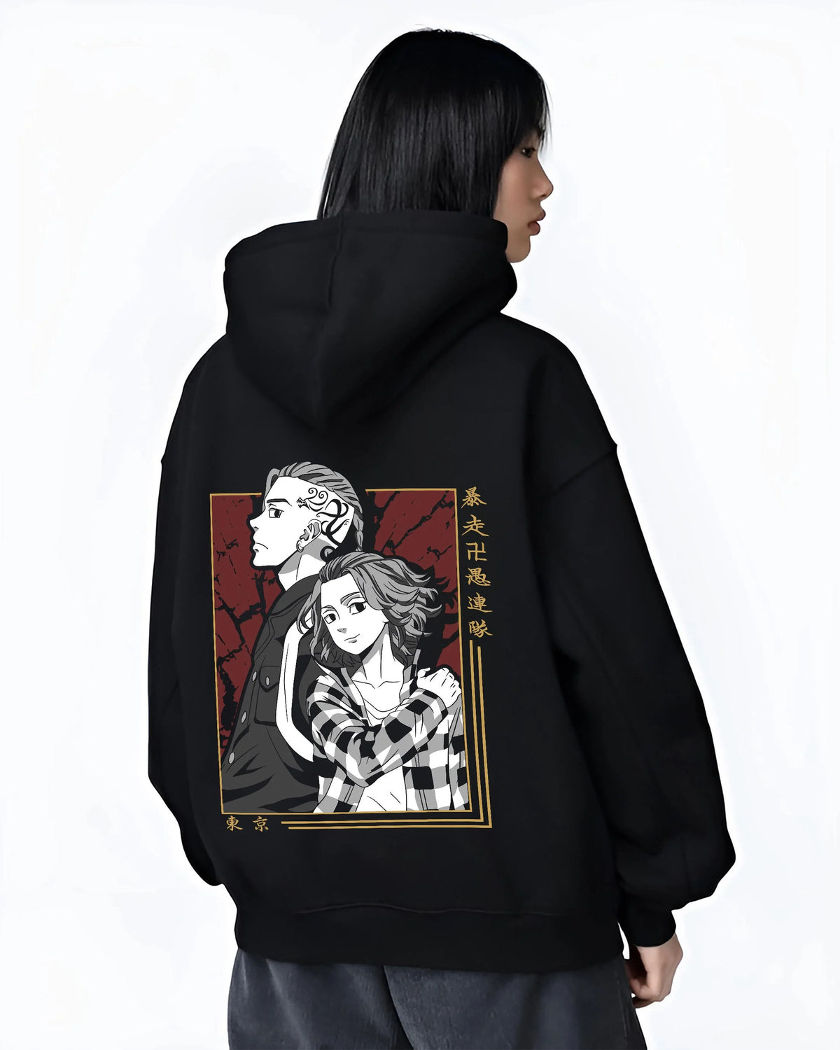 Black hoodie worn by female model from the back featuring Chifuyu Tokyo Revengers monochrome duo artwork.