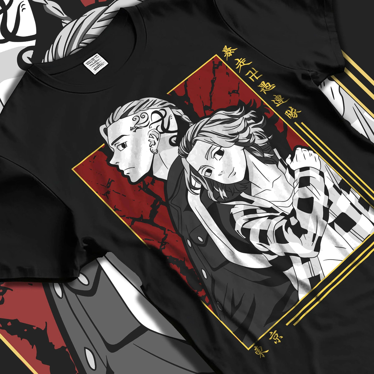 Black T-shirt laid flat with natural folds featuring Chifuyu Tokyo Revengers monochrome duo artwork.