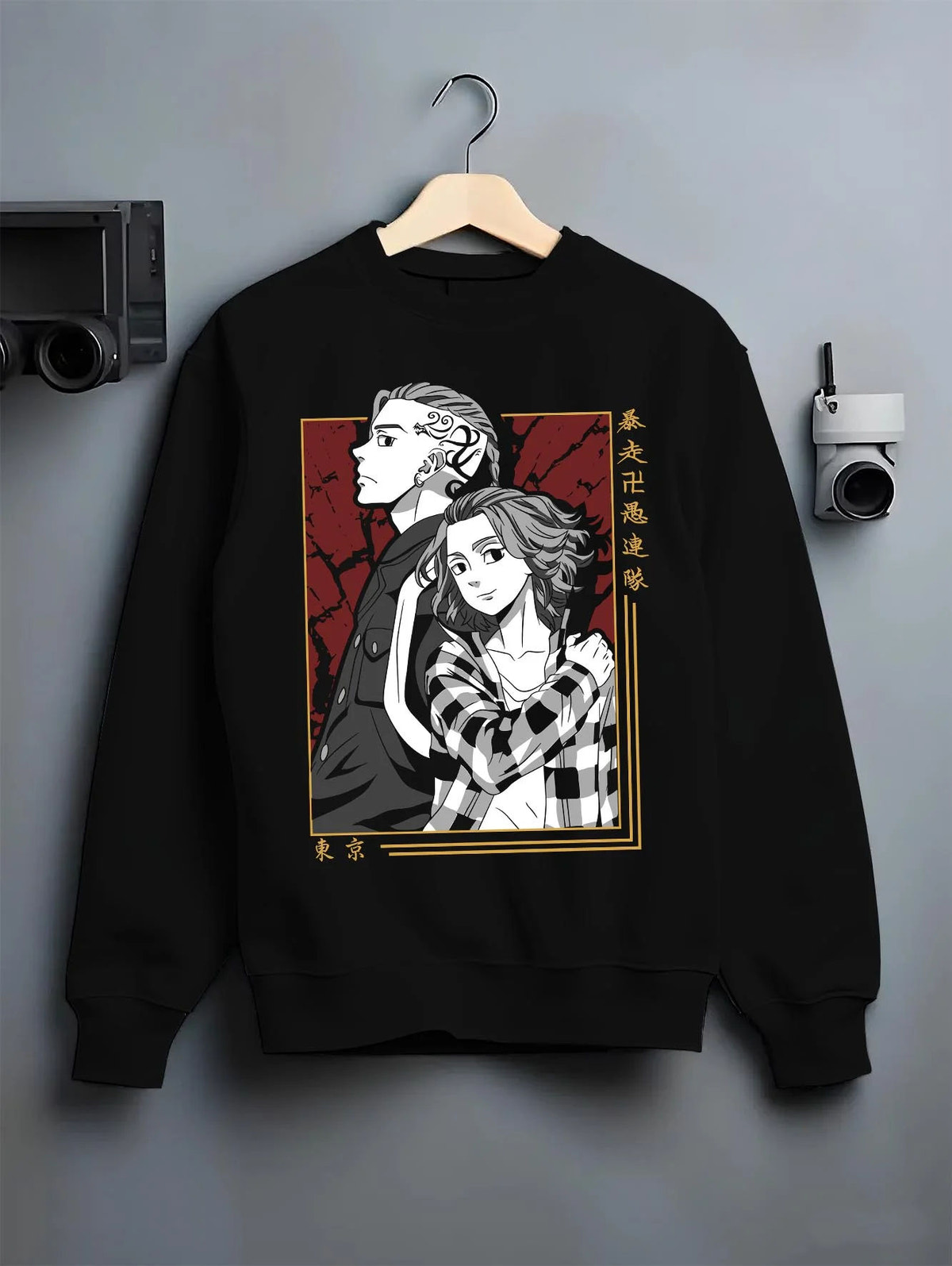 Black crewneck sweatshirt on hanger featuring Chifuyu Tokyo Revengers monochrome duo artwork.