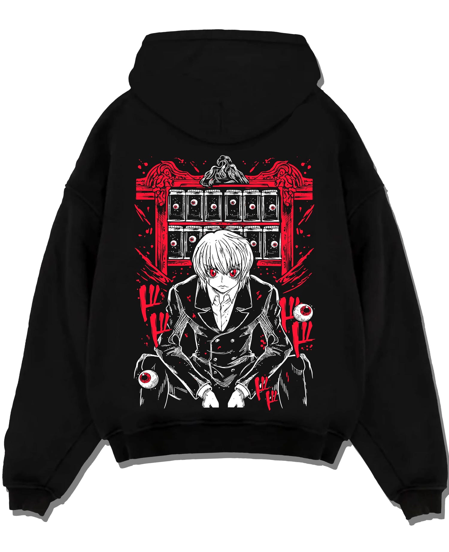 Black pullover hoodie laid flat with Hunter x Hunter Kurapika Hoodie Chain User Jumper graphic streetwear graphic.