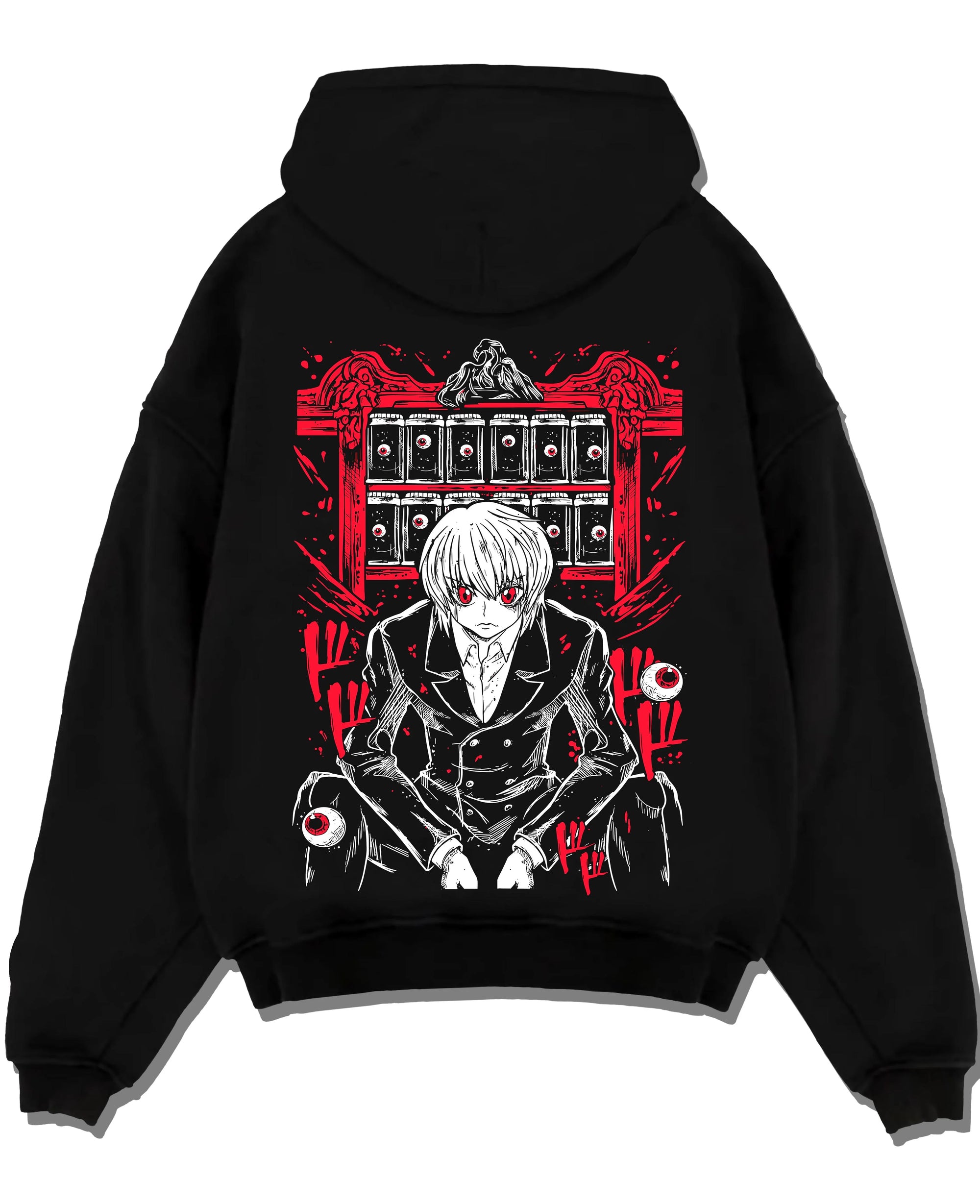 Black pullover hoodie laid flat with Hunter x Hunter Kurapika Hoodie Chain User Jumper graphic streetwear graphic.