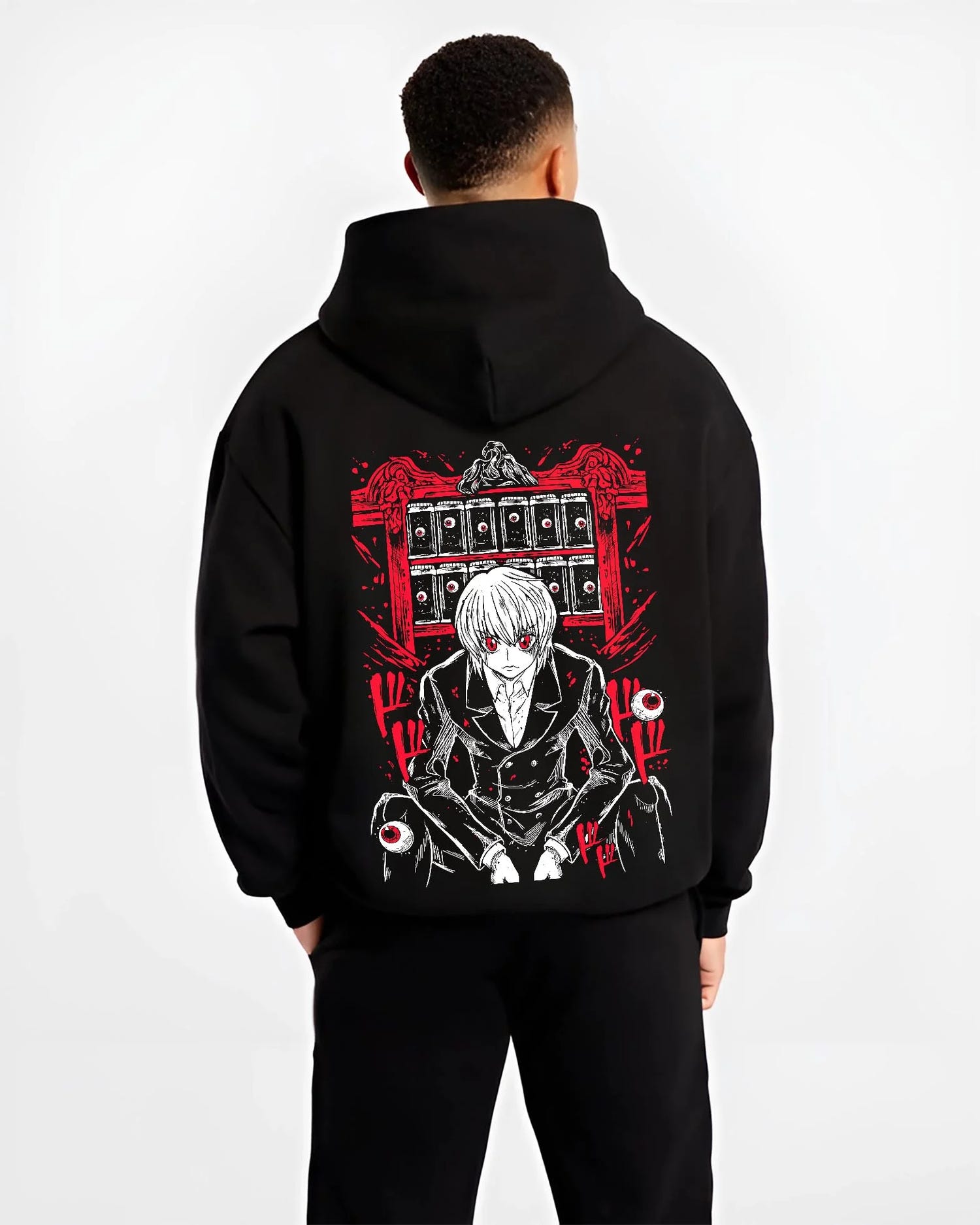 Black hoodie worn by male model, back view with Hunter x Hunter Kurapika Hoodie Chain User Jumper graphic premium wear.