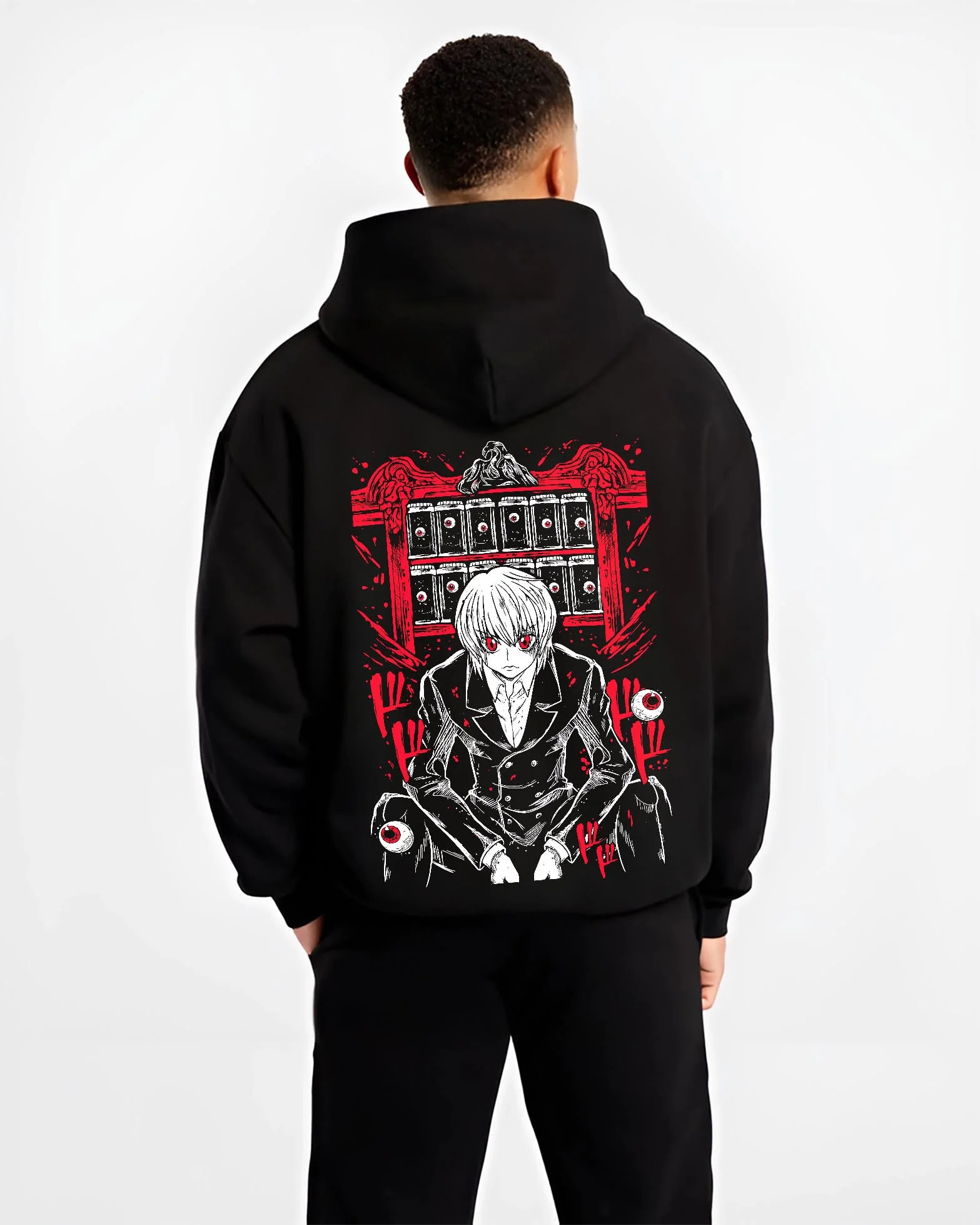 Black hoodie worn by male model, back view with Hunter x Hunter Kurapika Hoodie Chain User Jumper graphic premium wear.